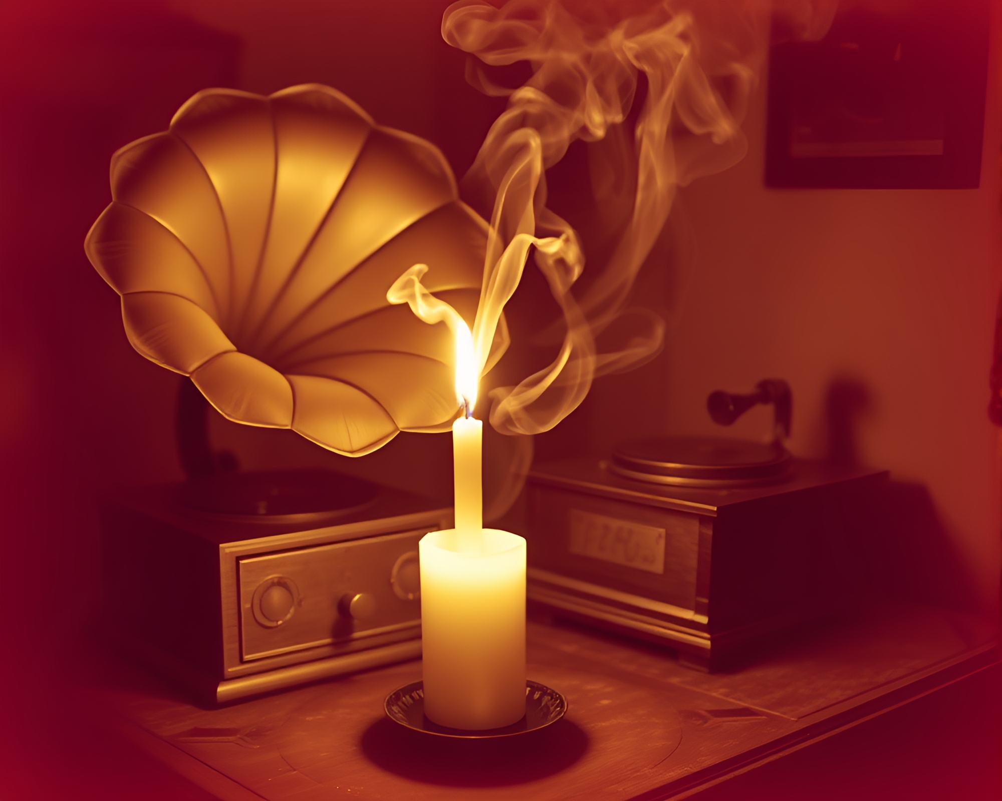 Steampunk Gramophone Emitting Ethereal Candle Smoke – free AI stock image