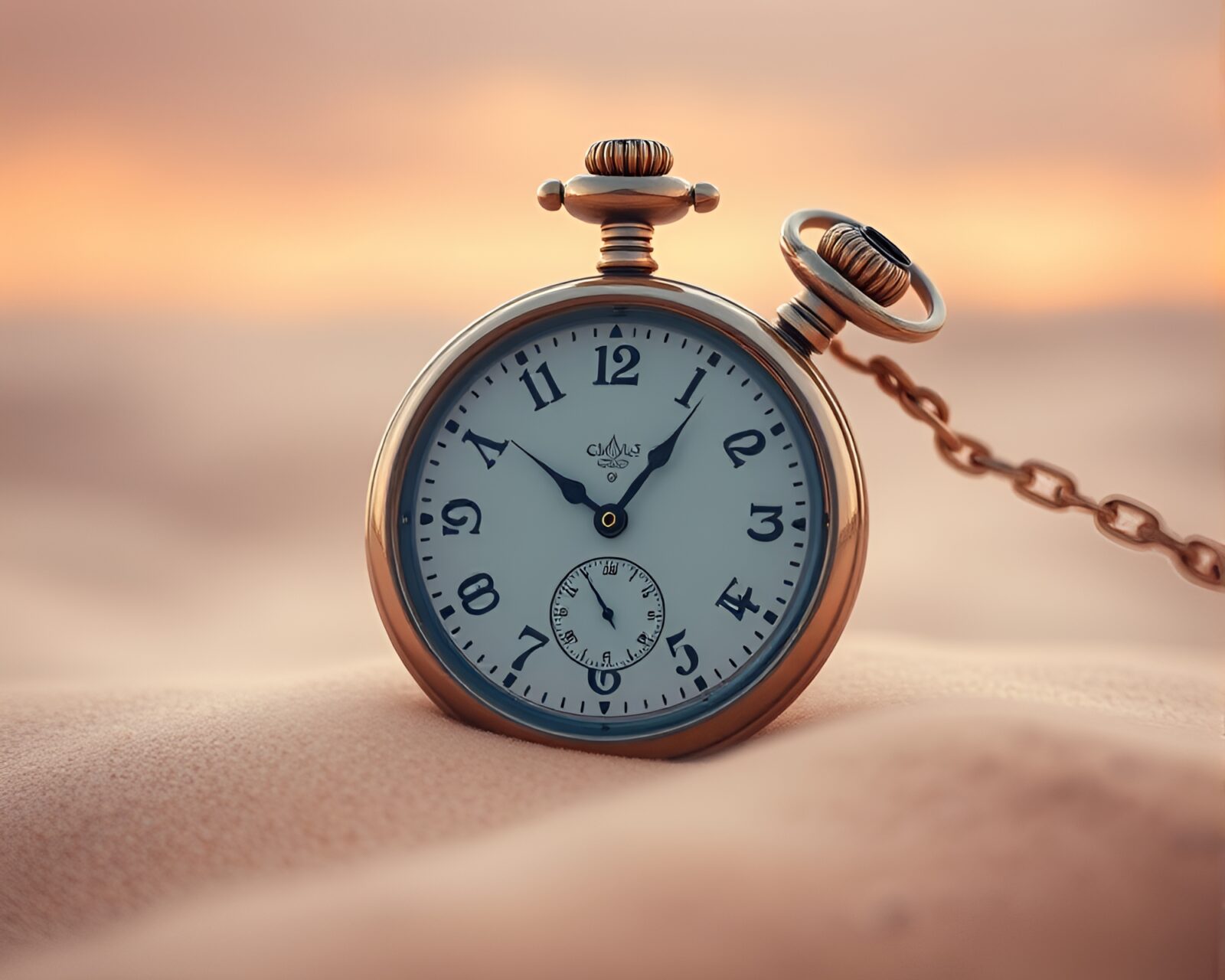 Surreal desert scene with drifting fog and a pocket watch