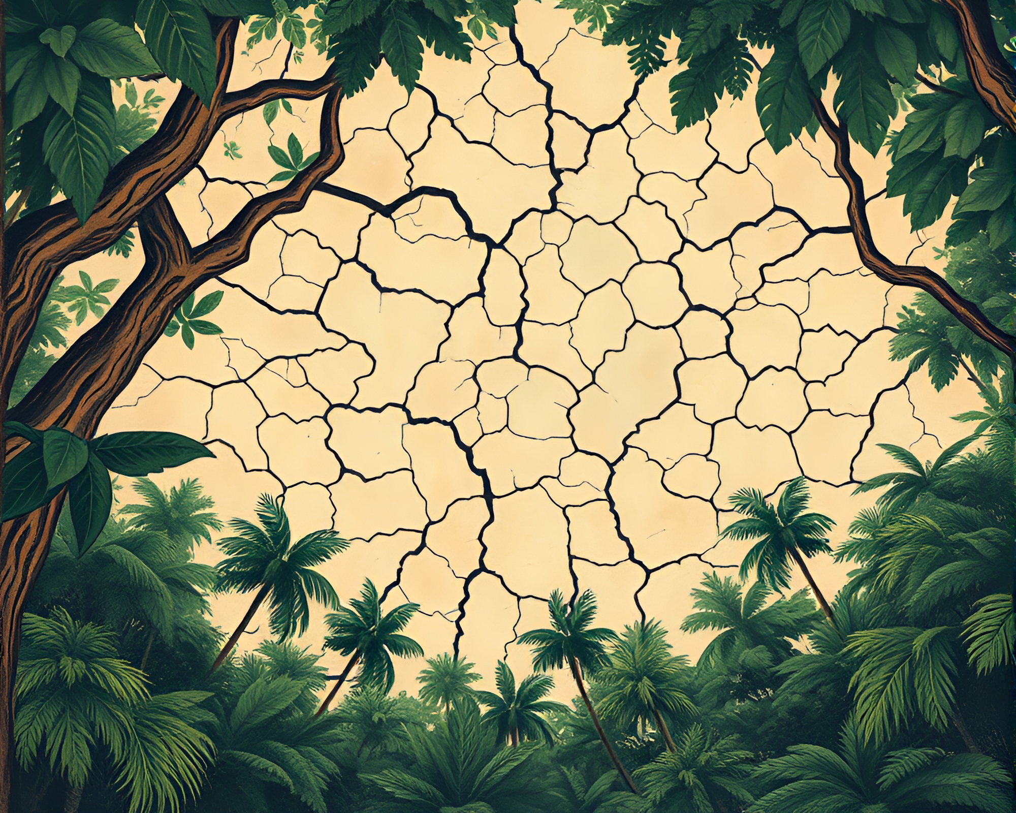 Cracked Earth Jungle Canopy Woodcut Print – free AI stock image