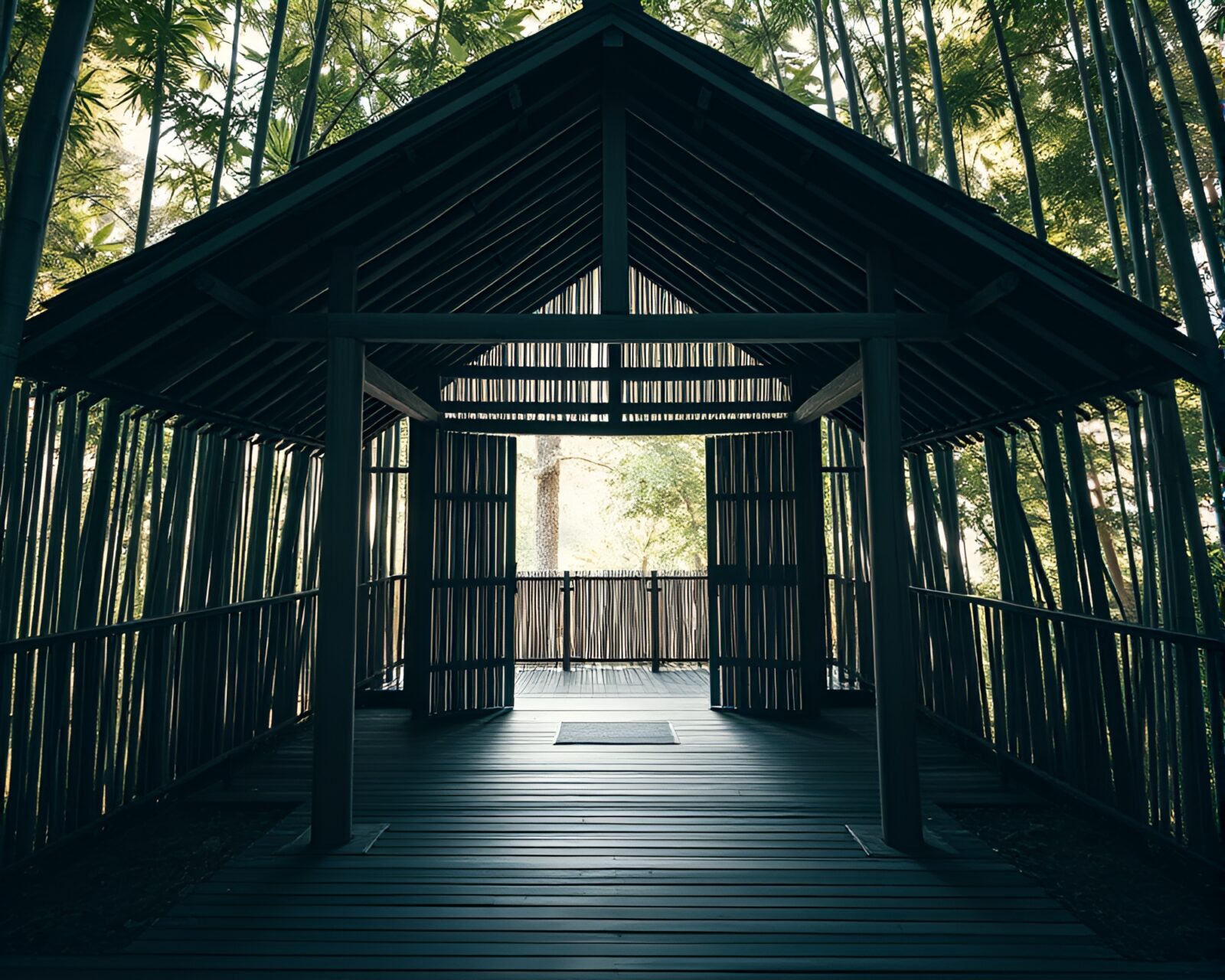 HDR image of a tranquil bamboo hut with geometric patterns