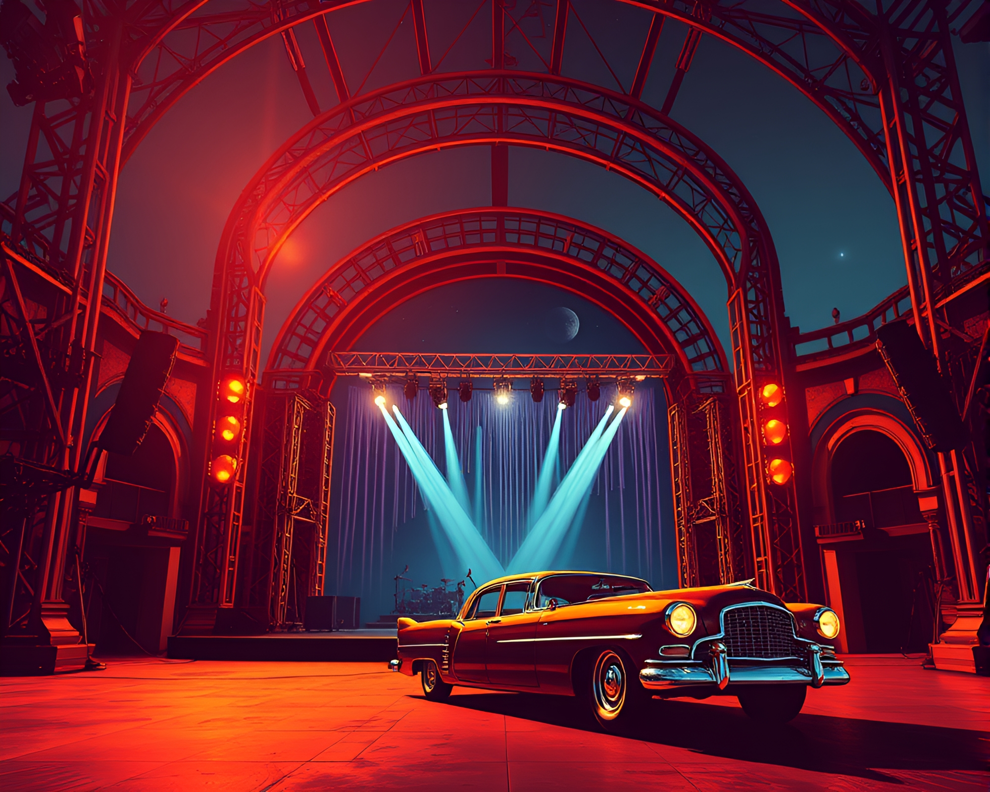 Steampunk Vintage Car on Concert Stage Architecture – free AI stock image