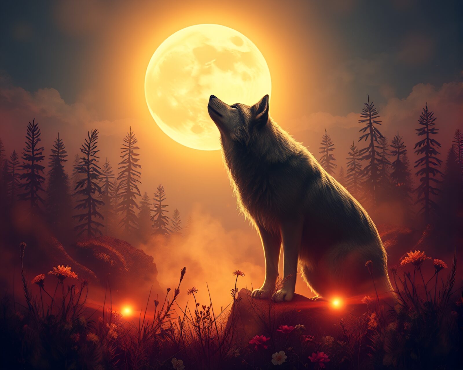 Botanical illustration of howling wolf under moonlight and stage lights