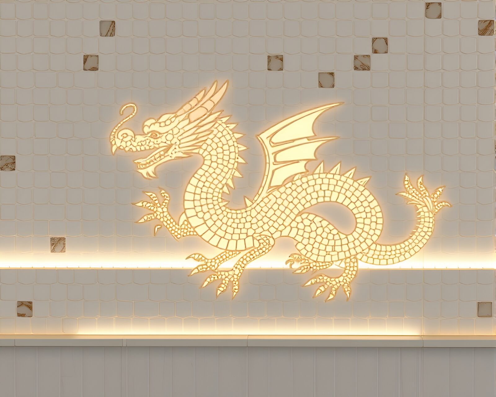 Intricate ivory dragon mosaic with dramatic rim lighting effect