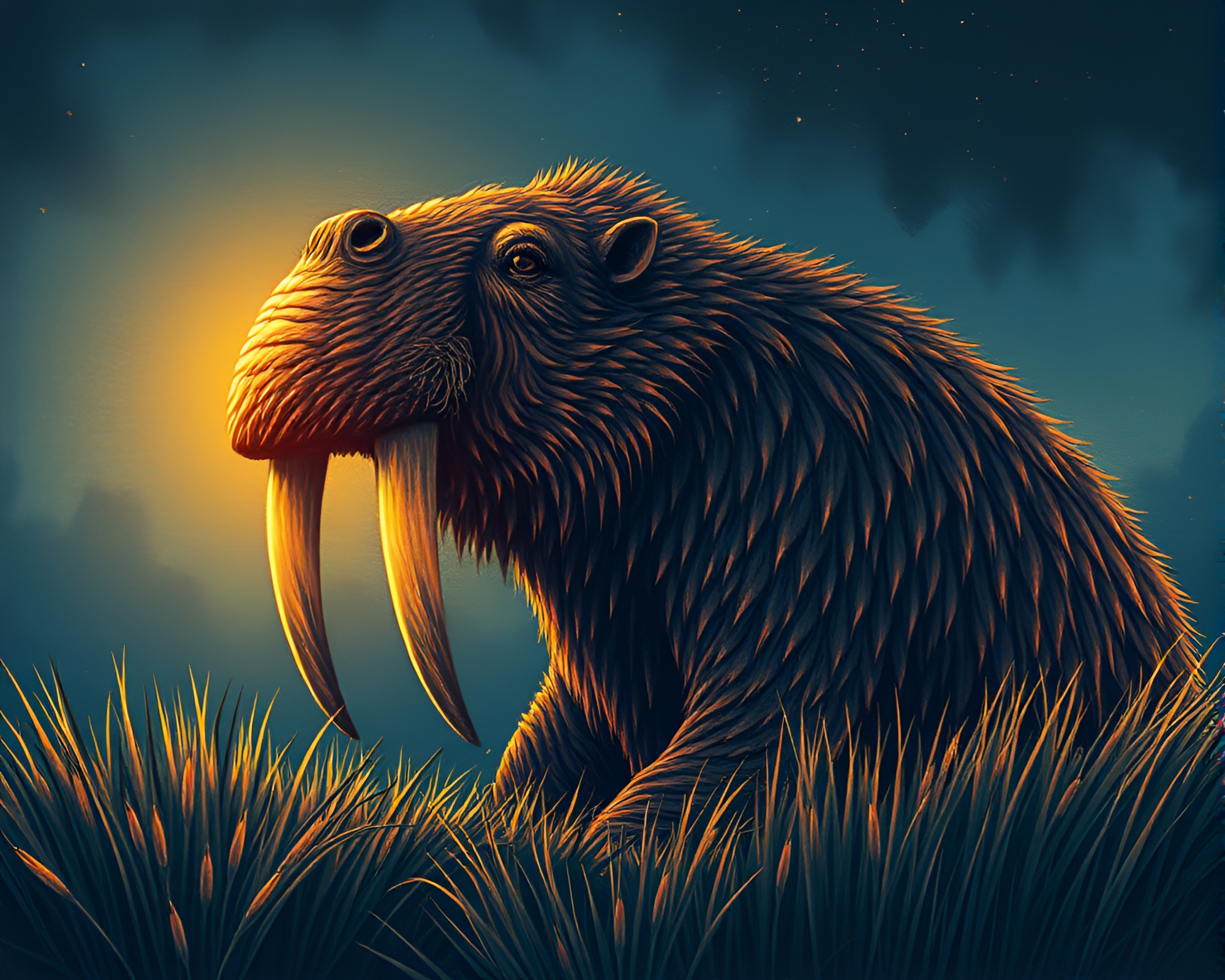 Majestic Walrus in Torchlight Glow Editorial Illustration – free AI stock image