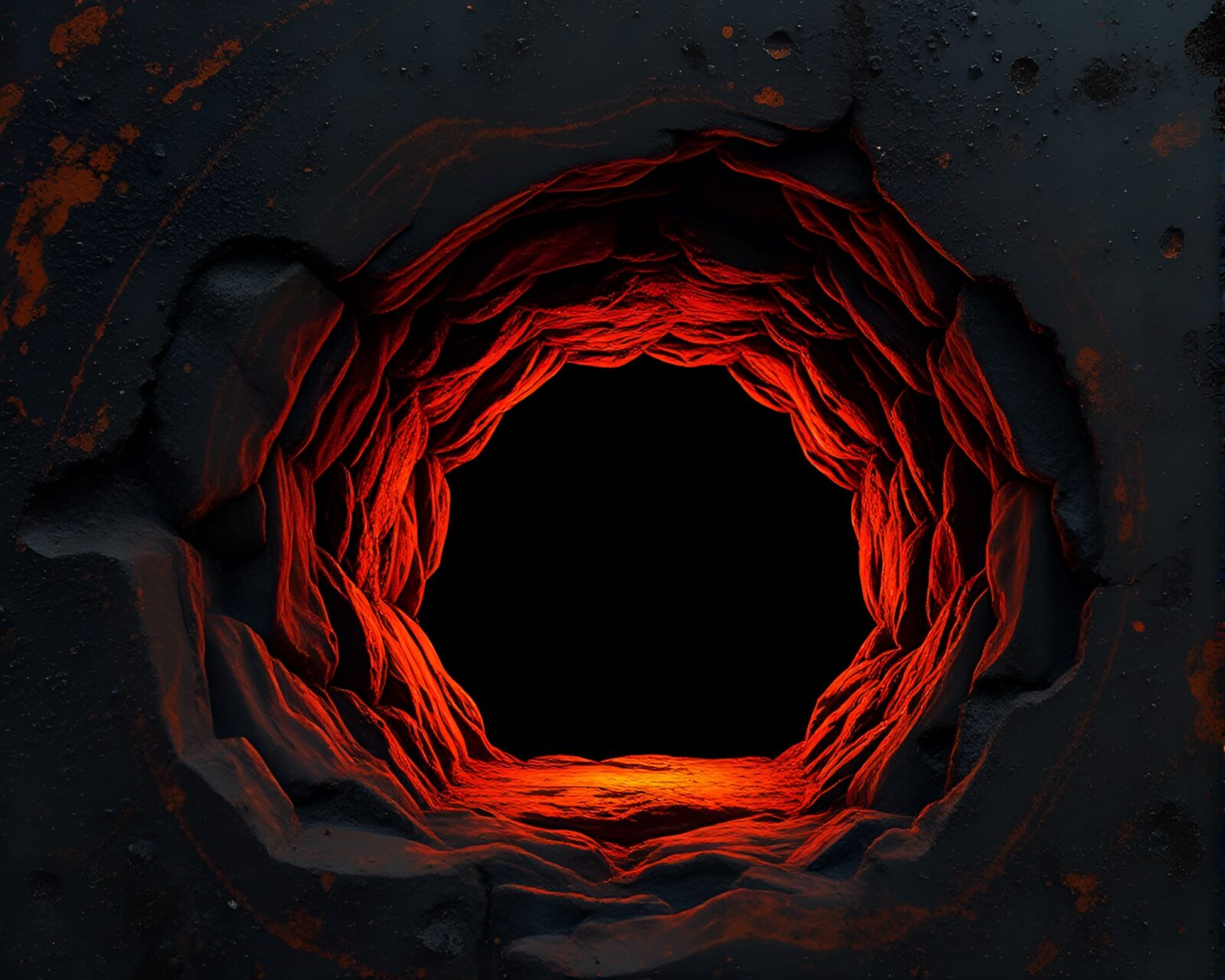 Dynamic art piece featuring rust streaks, a telescope, and darkness