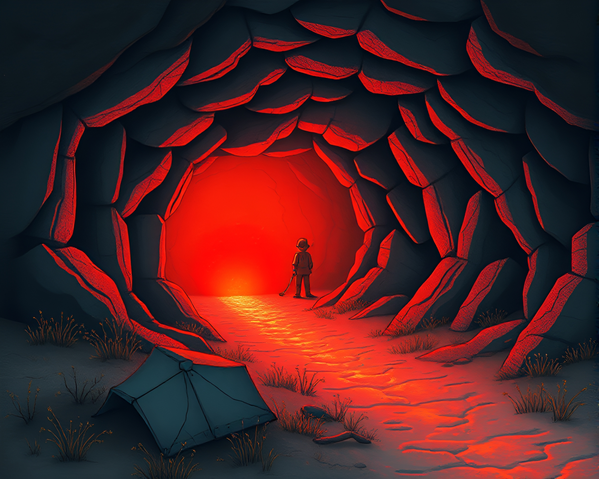 Children’s book illustration: Volcano underground bunker – free AI stock image