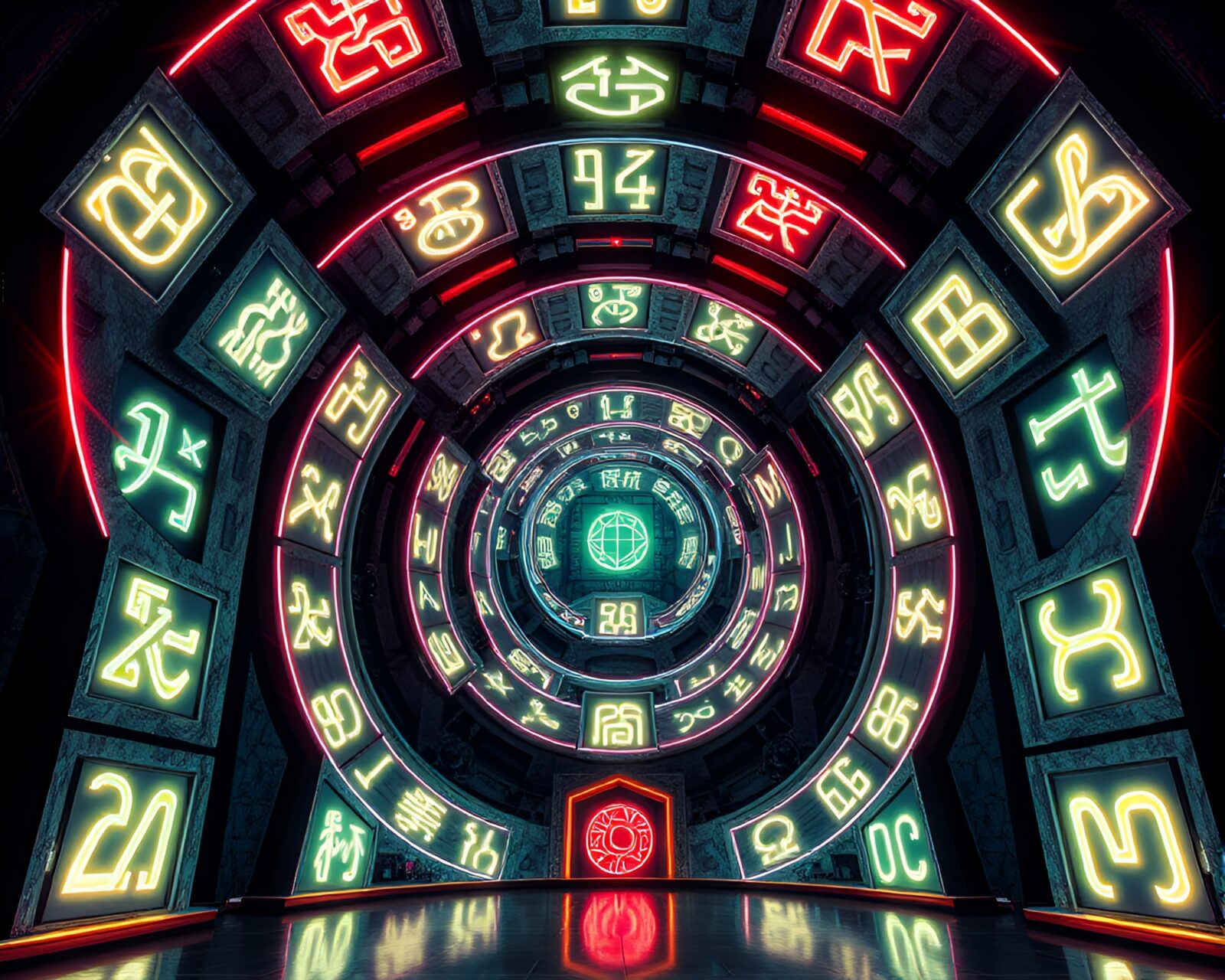 Glowing runic symbols swirling within futuristic architectural design.