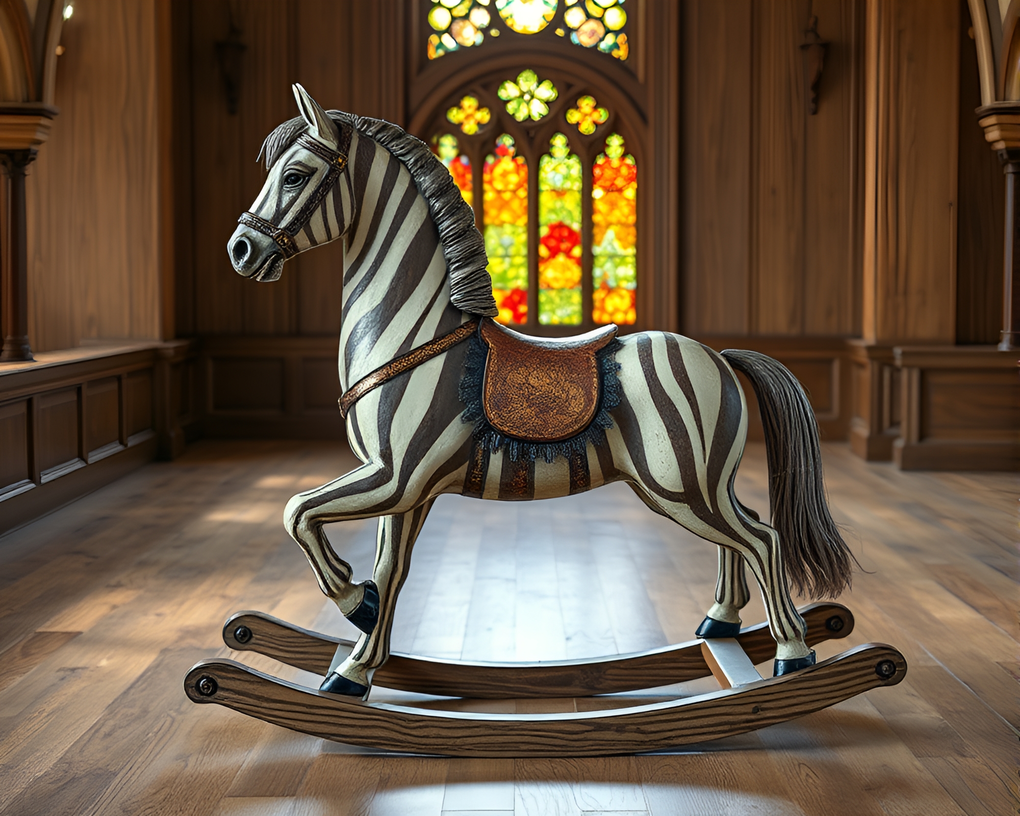 Striped Pattern Wooden Rocking Horse in Cathedral Light – free AI stock image