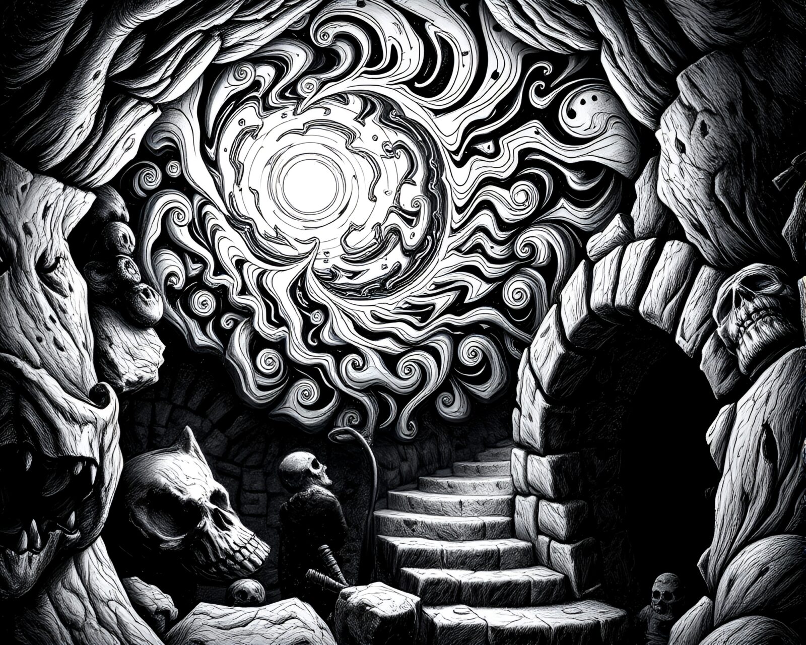 Intricate engraved details on swirling psychedelic patterns in dim torchlit dungeon