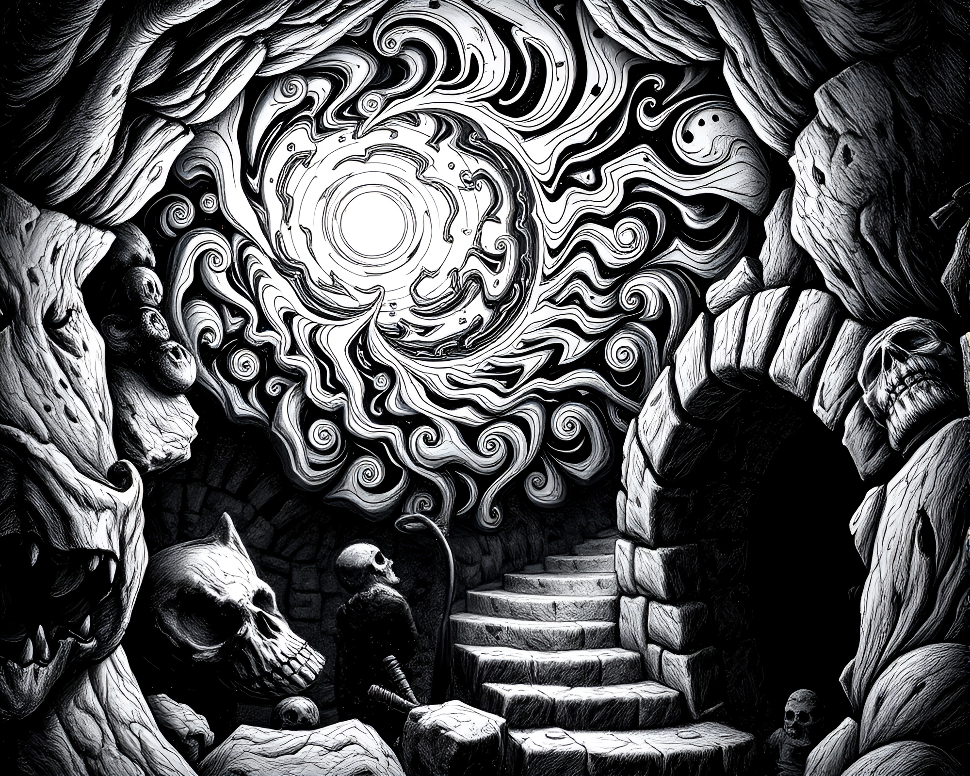 Psychedelic Swirls in Monochrome Dungeon Torchlight – free AI stock image