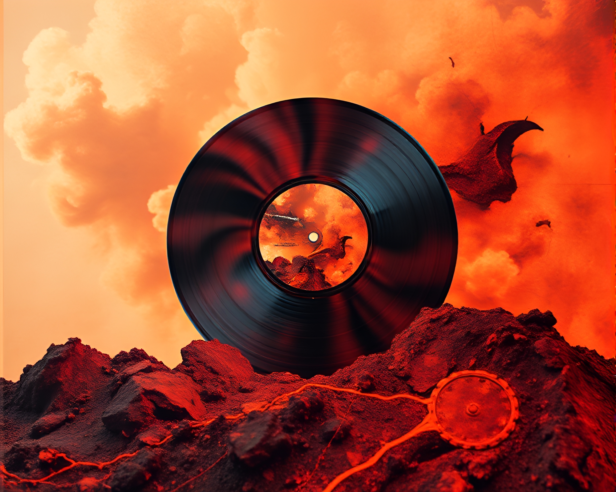 Fractal Vinyl Record Surrounded by Volcanic Ash Mist – free AI stock image