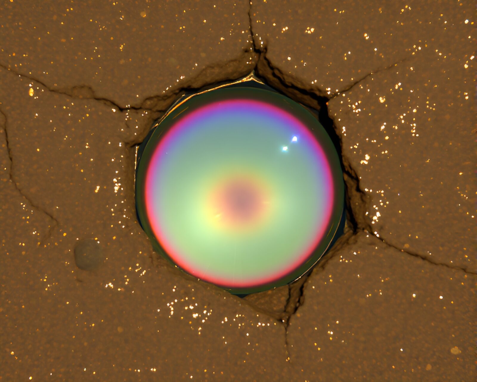Rainbow refraction through stone circle with CRT flicker
