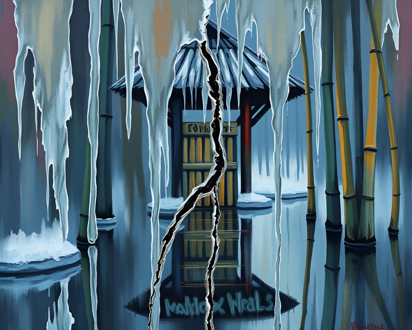 Ice cracks mirror colorful graffiti on a bamboo hut