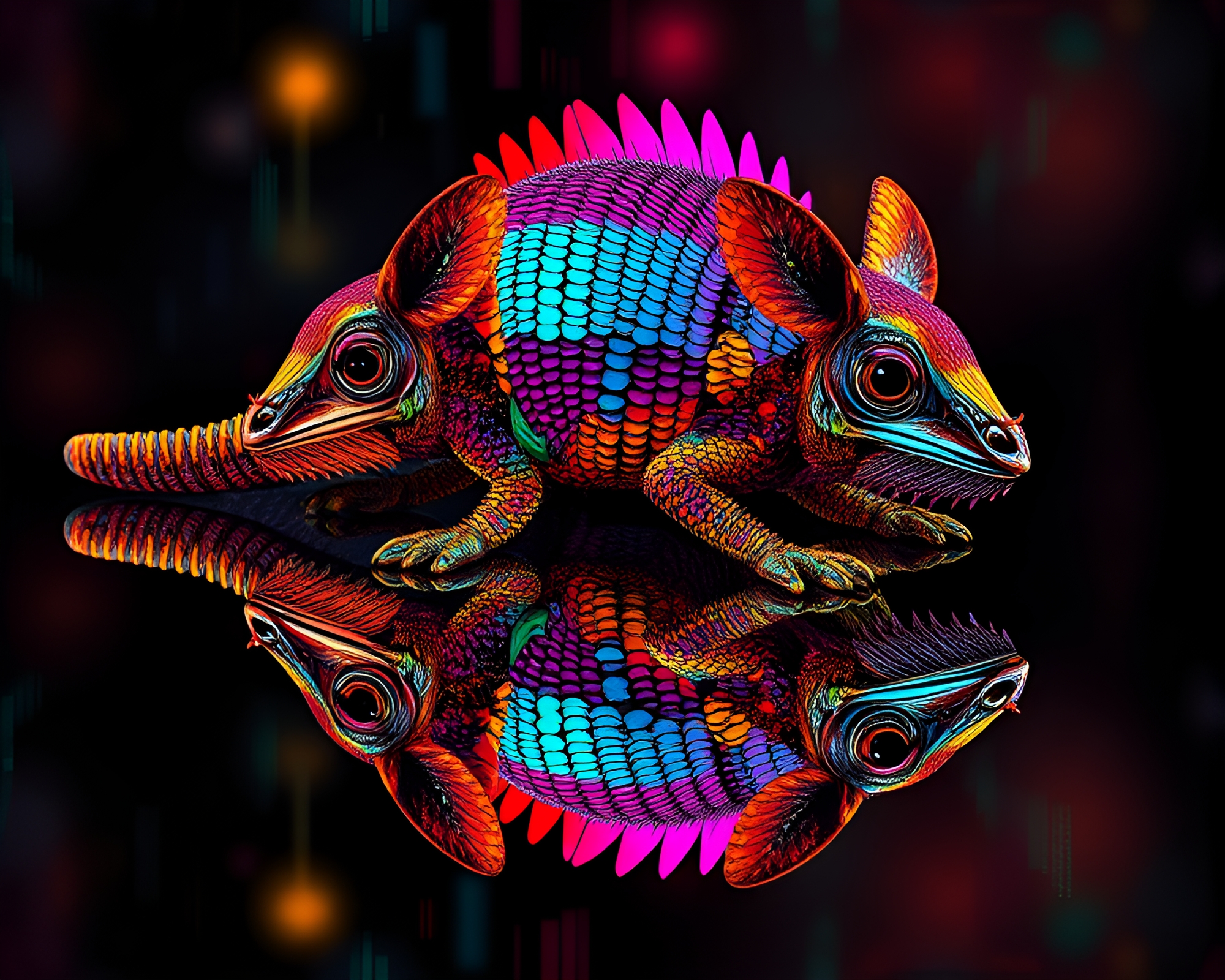Shattered Armadillo: Glitchy Double Reflection Mixed Media Art – free AI stock image