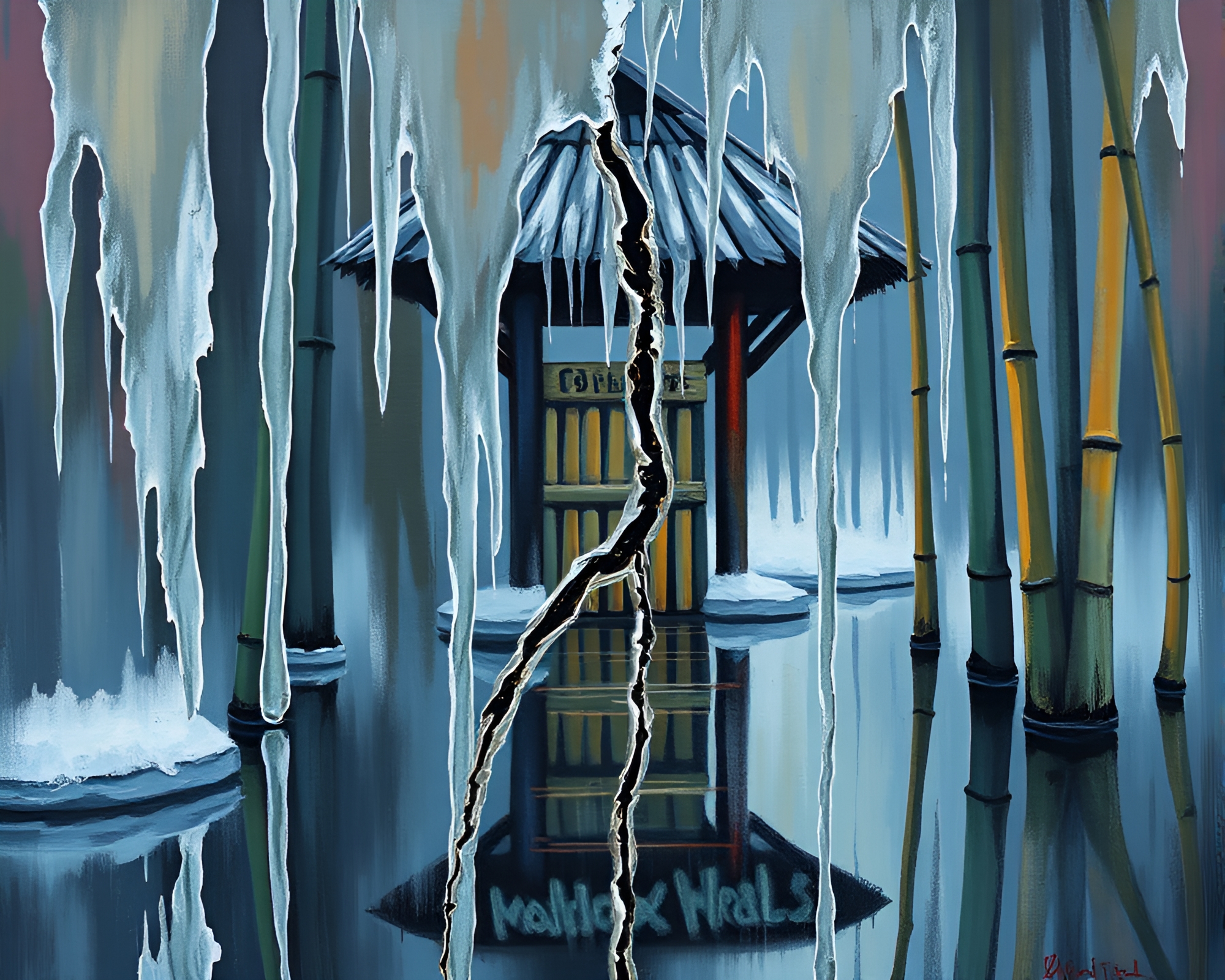Bamboo Hut Oasis Reflecting Graffiti Colors – free AI stock image