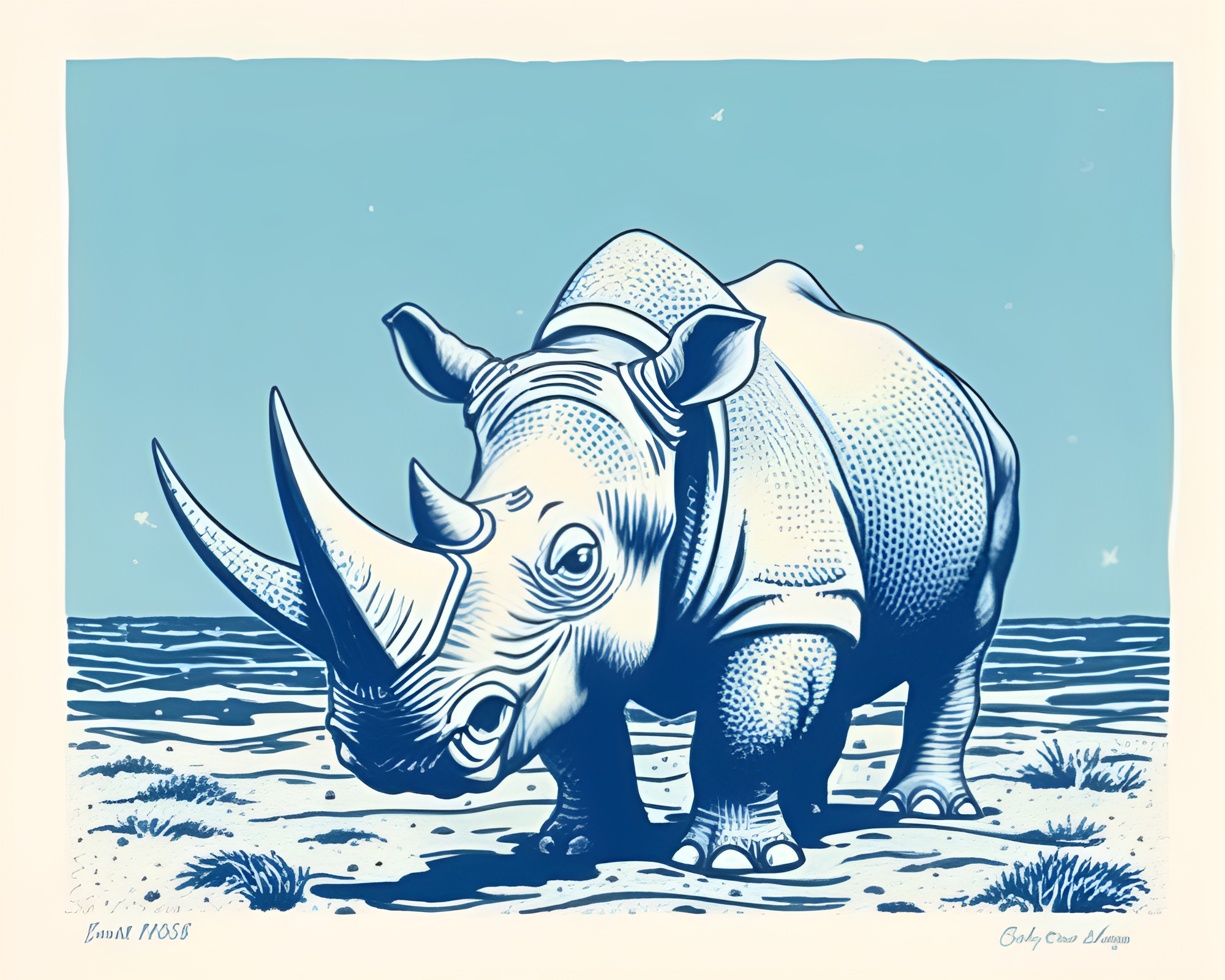 Stippled Rhinoceros in Ocean-Blue Woodcut Print – free AI stock image
