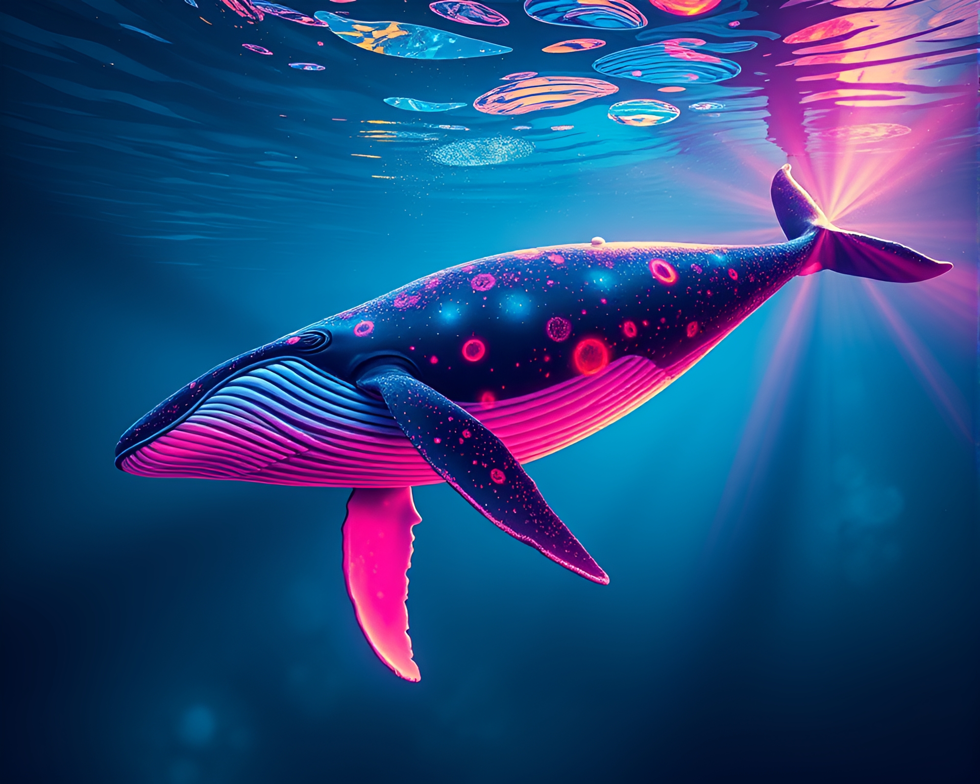 Whimsical Trompe-l’oeil Whale in Neon Backscatter – free AI stock image