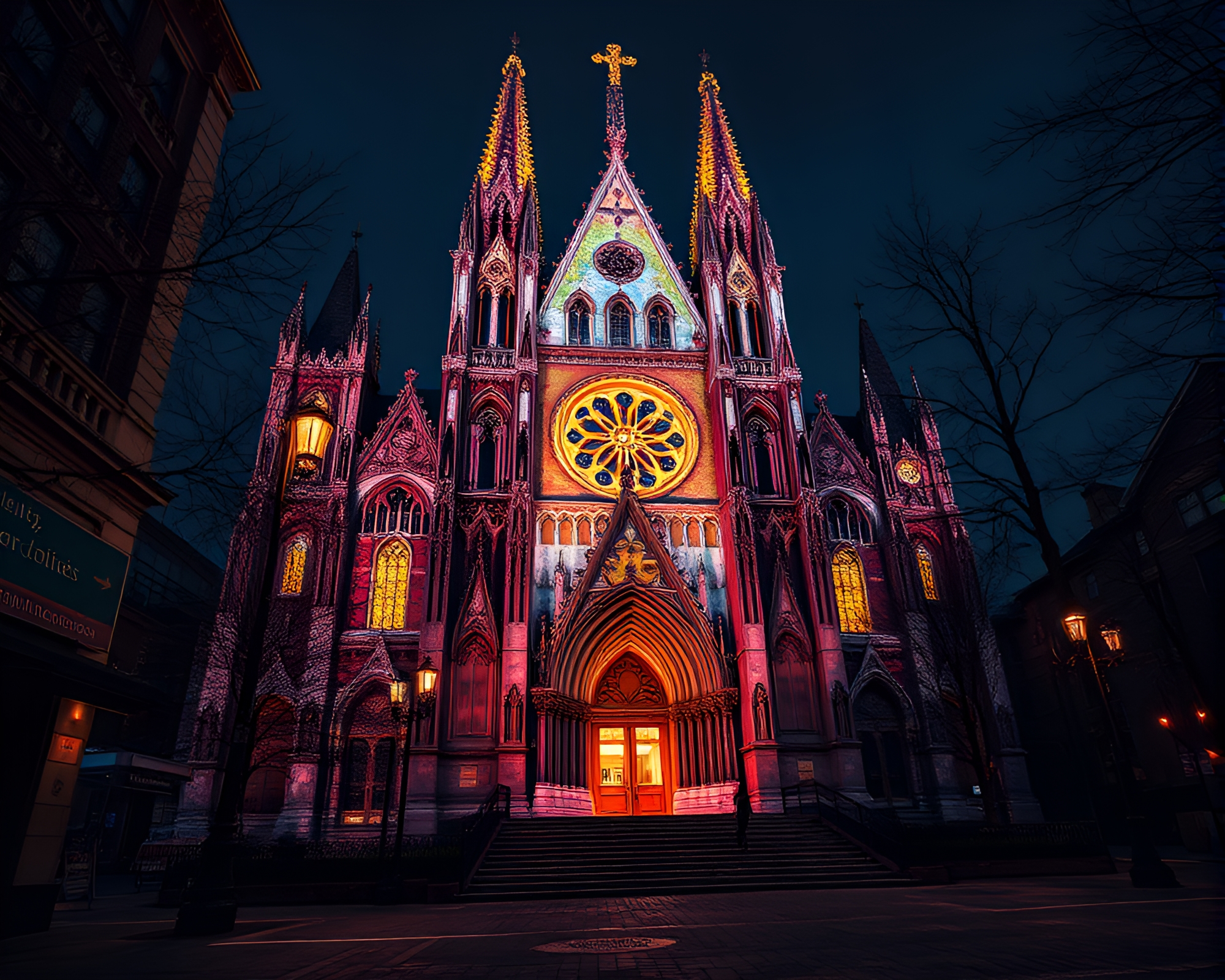 Gothic Cathedral Illuminated by Bioluminescent Street Art Tags – free AI stock image