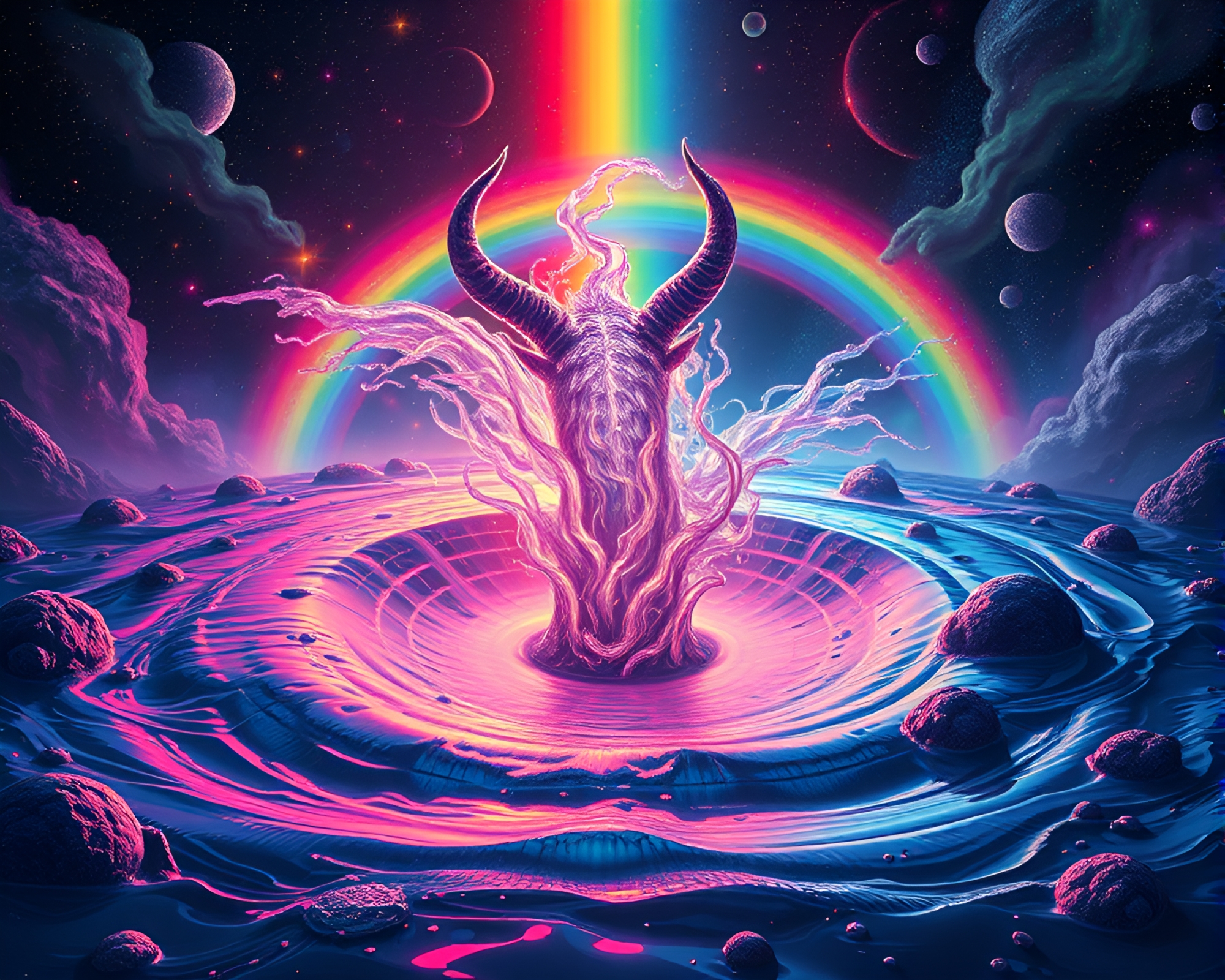 Cerberus Cosmic Encounter in Retrowave Water Whirlpool – free AI stock image