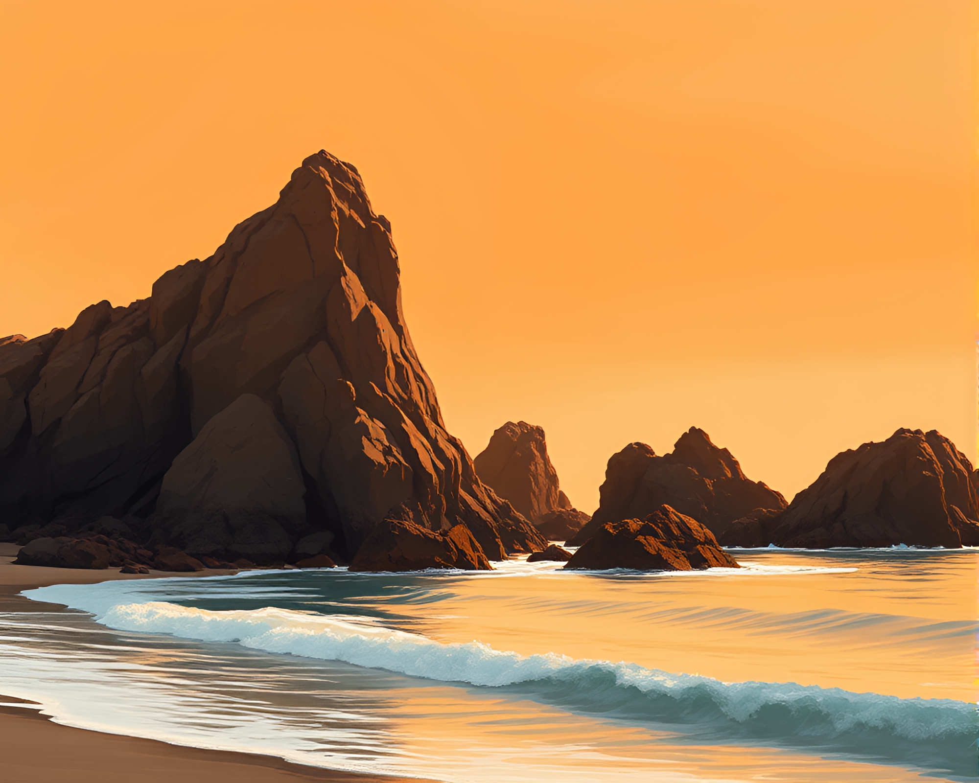 Rocky Coastline at Sunset: Shading Stroke Artwork – free AI stock image