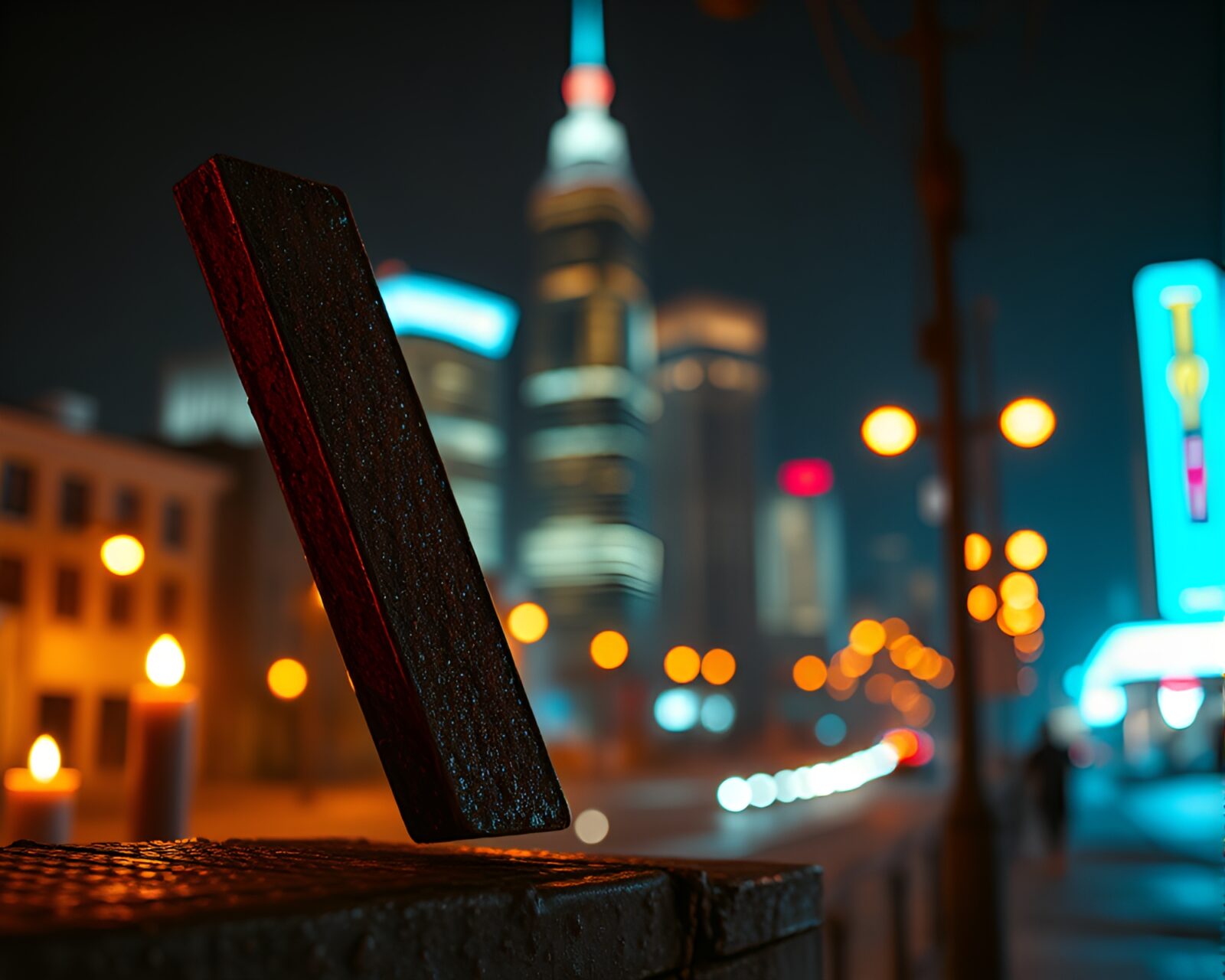 Handwritten letter on rust flake textures in neon city glow