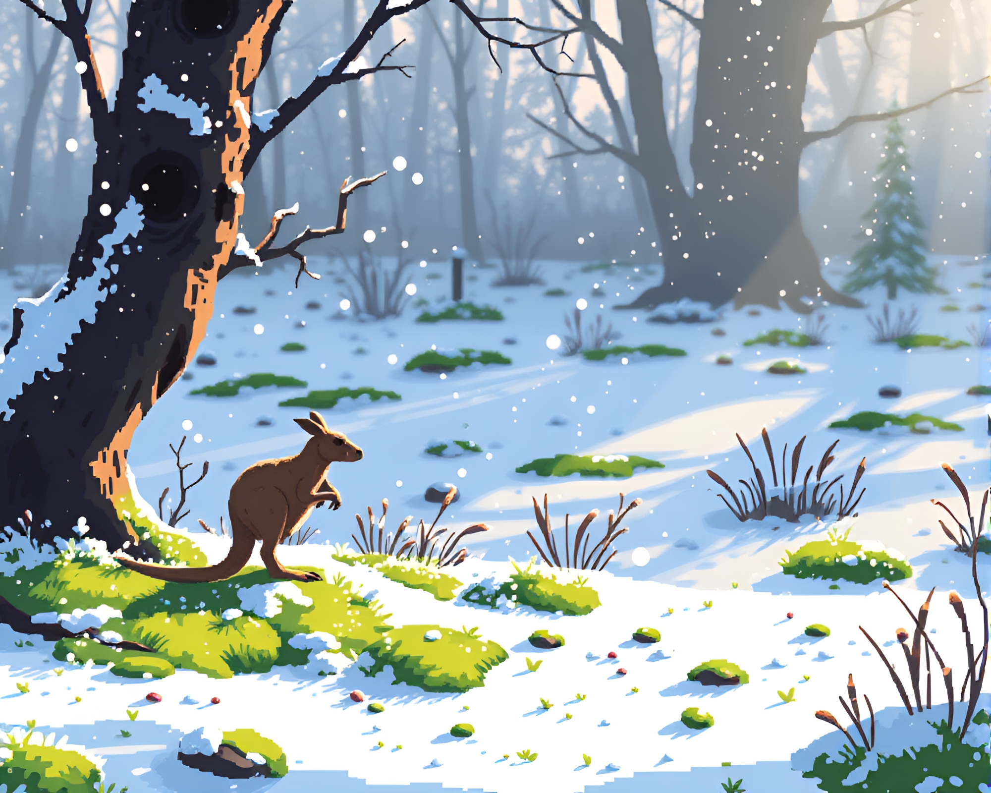 Snowy Kangaroo Pixel Art With Moss Growth – free AI stock image