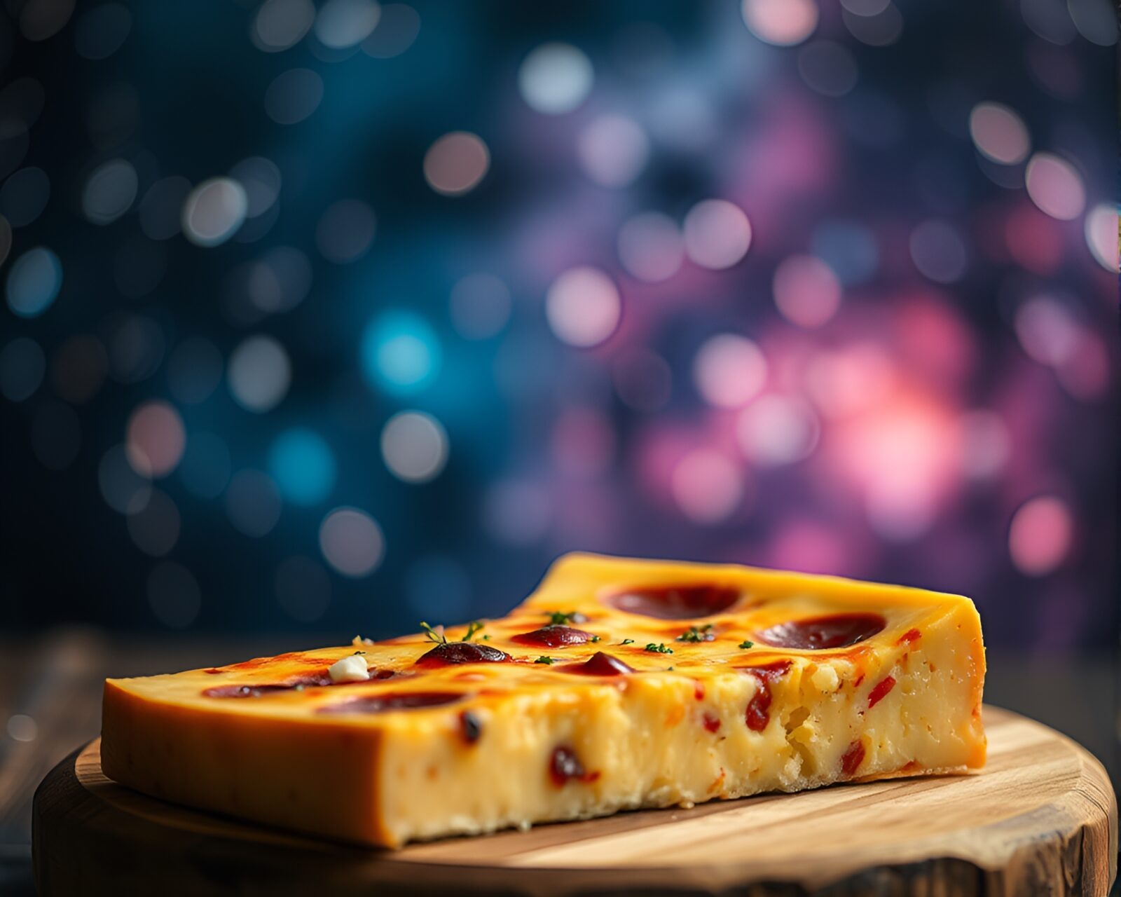 Tilted angle view of cosmic-hued cheese platter with bokeh effect