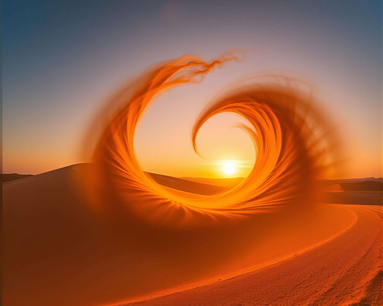 A mesmerizing orange-hued vortex over sandy dunes at sunset