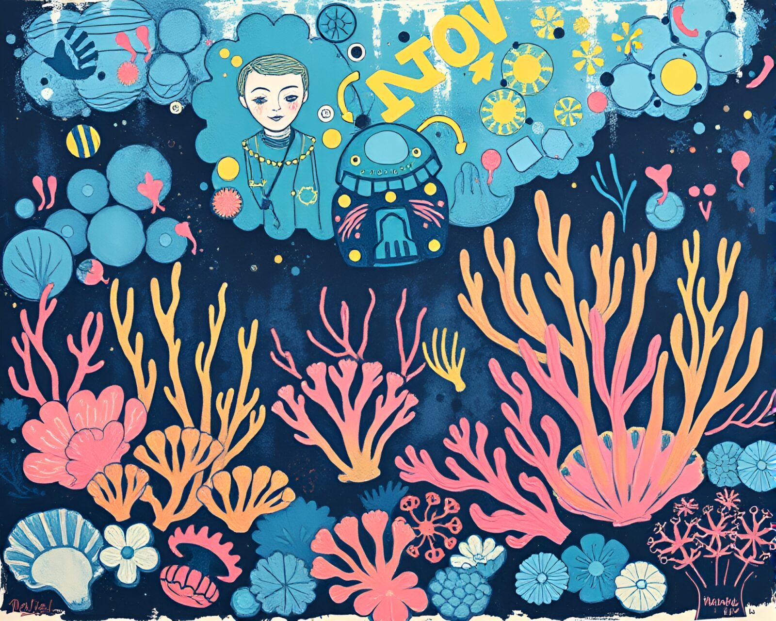Colorful underwater scene with intricate graffiti art detailing