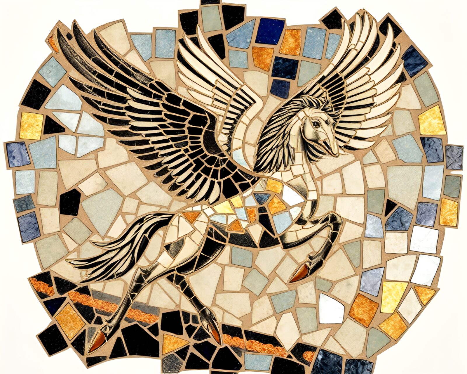 Glossy highlights on broken mosaic pieces forming Pegasus artwork