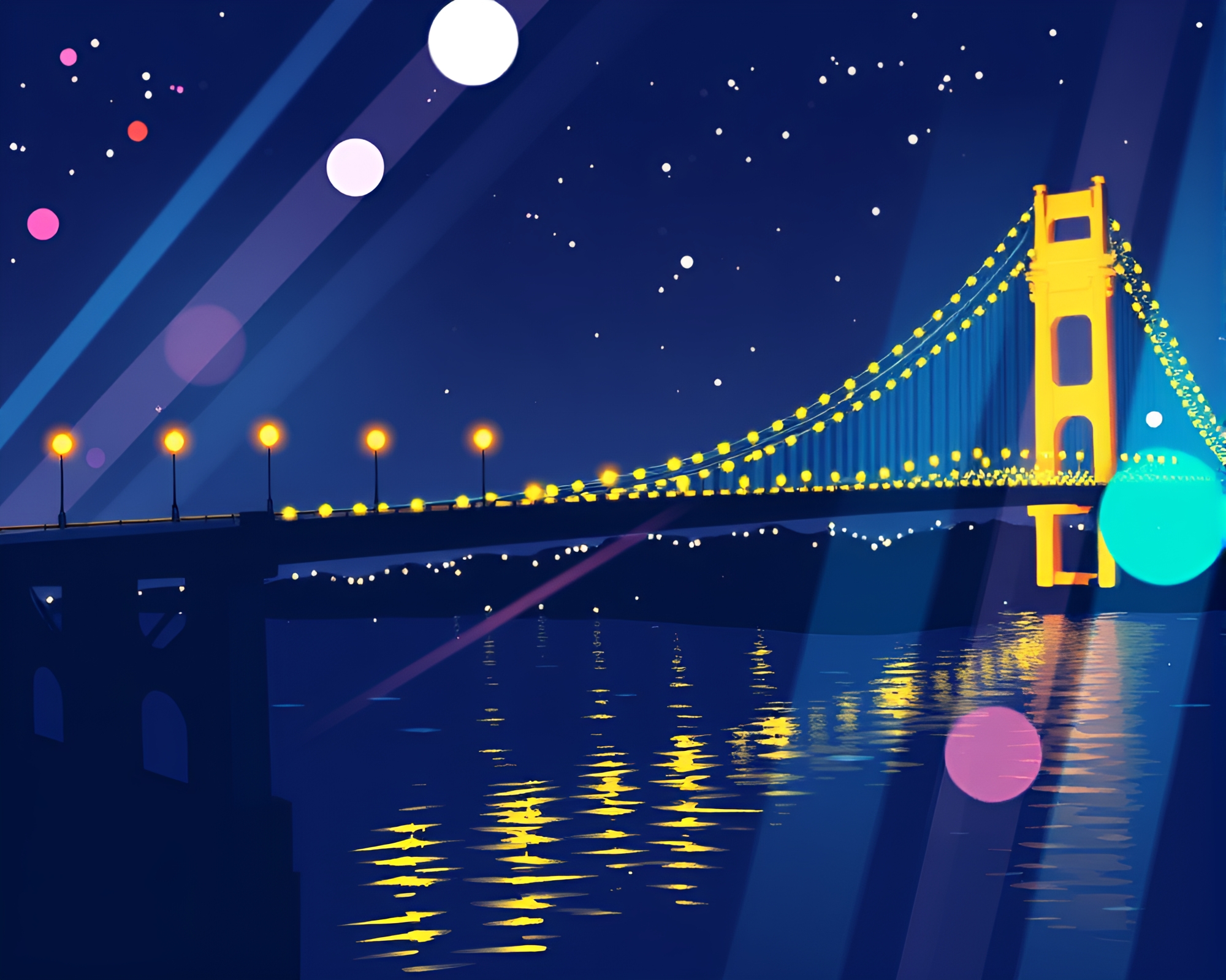 Serene Anime Bridge with Light Streaks Screenprint Dots – free AI stock image