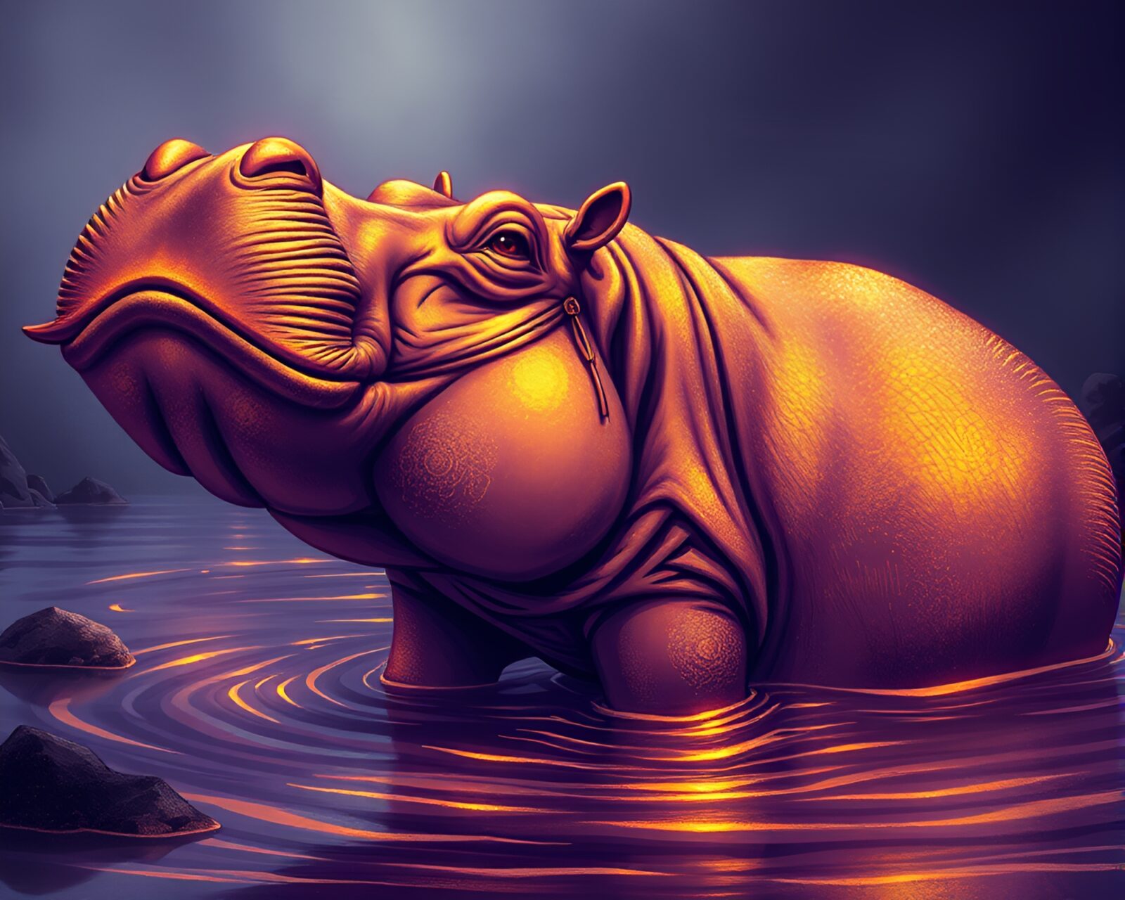 Graphic novel style art of a majestic, gilded hippopotamus