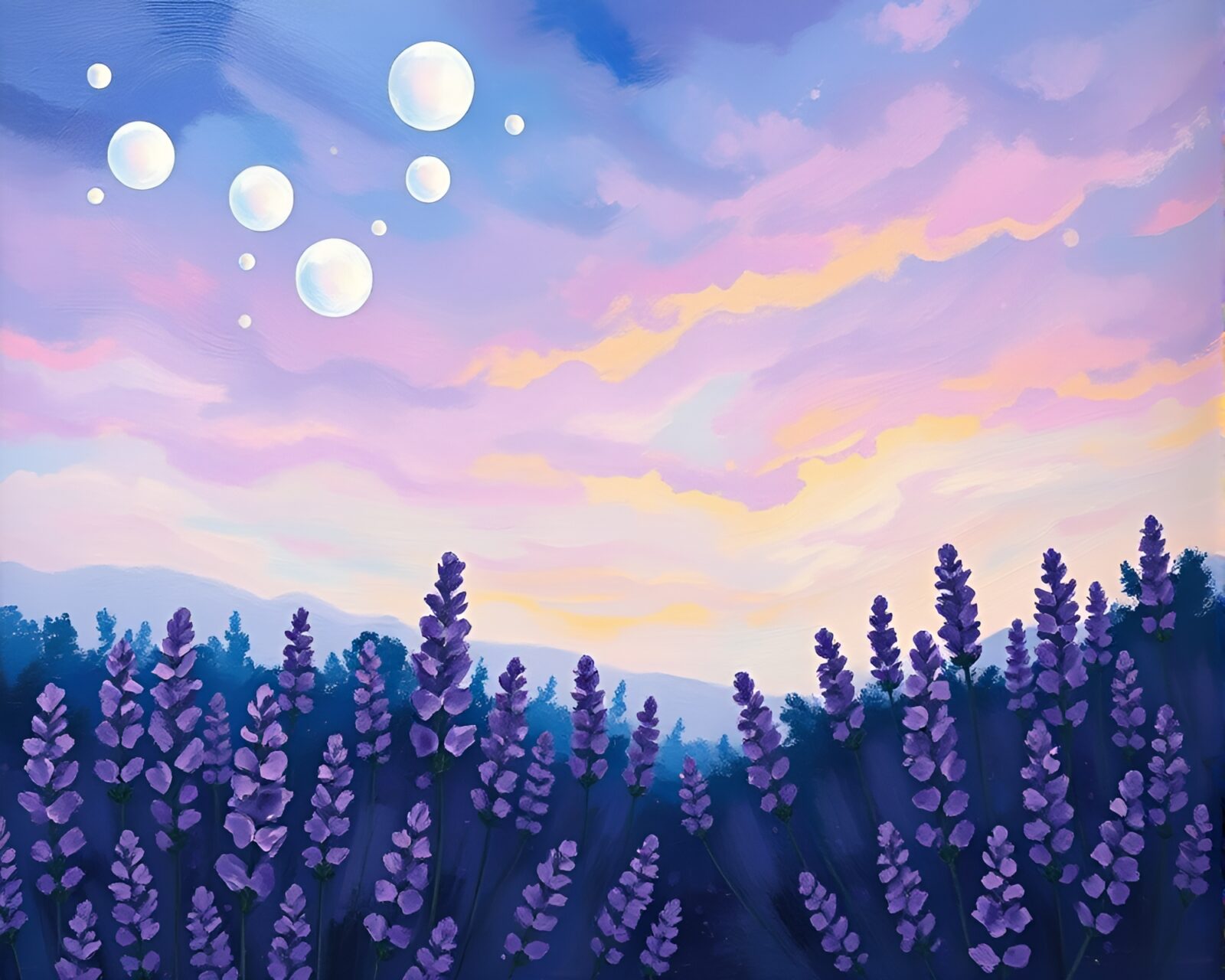 Expressionist painting of a fantastical sky garden with bubbles