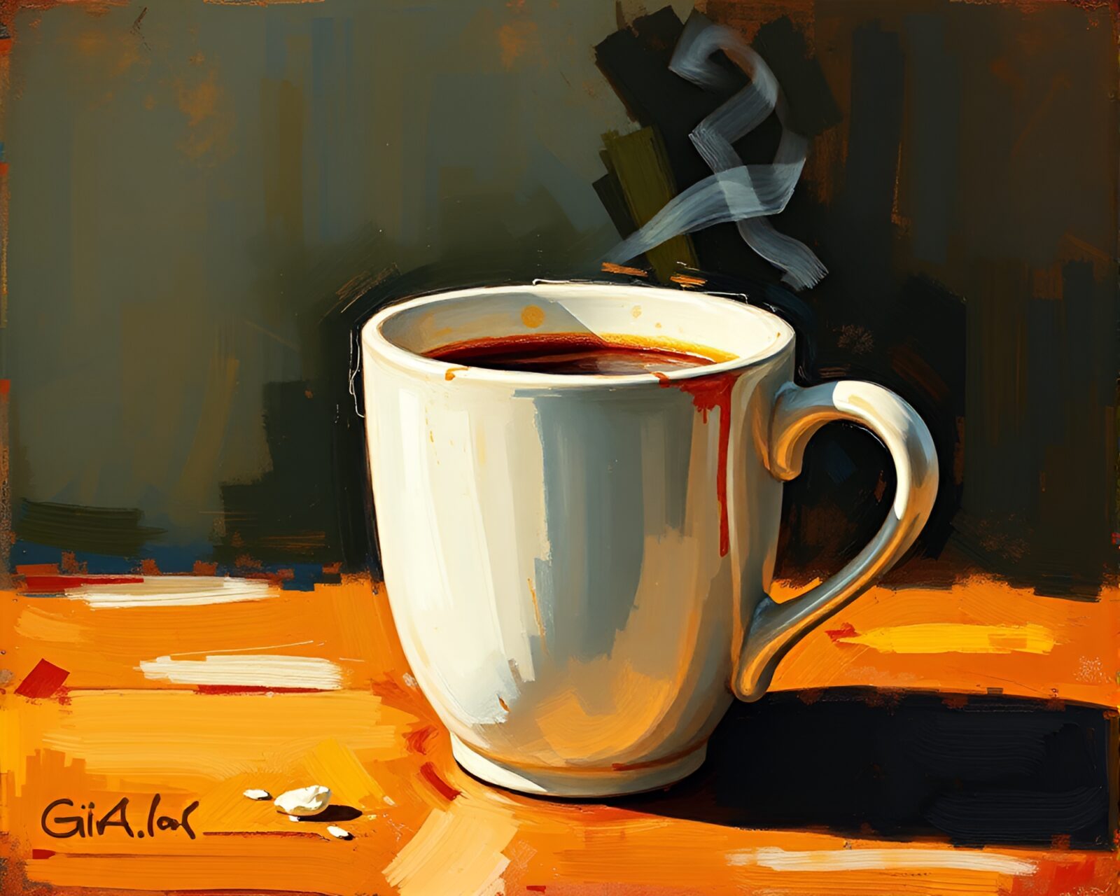 Expressionist painting of a coffee cup with glossy highlights