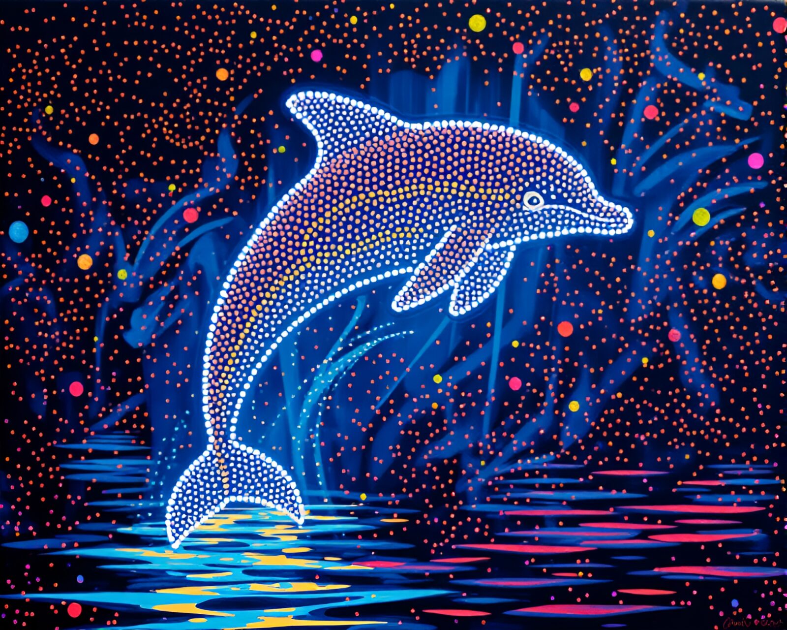 Vibrantly glowing river dolphin in pointillist dots painting
