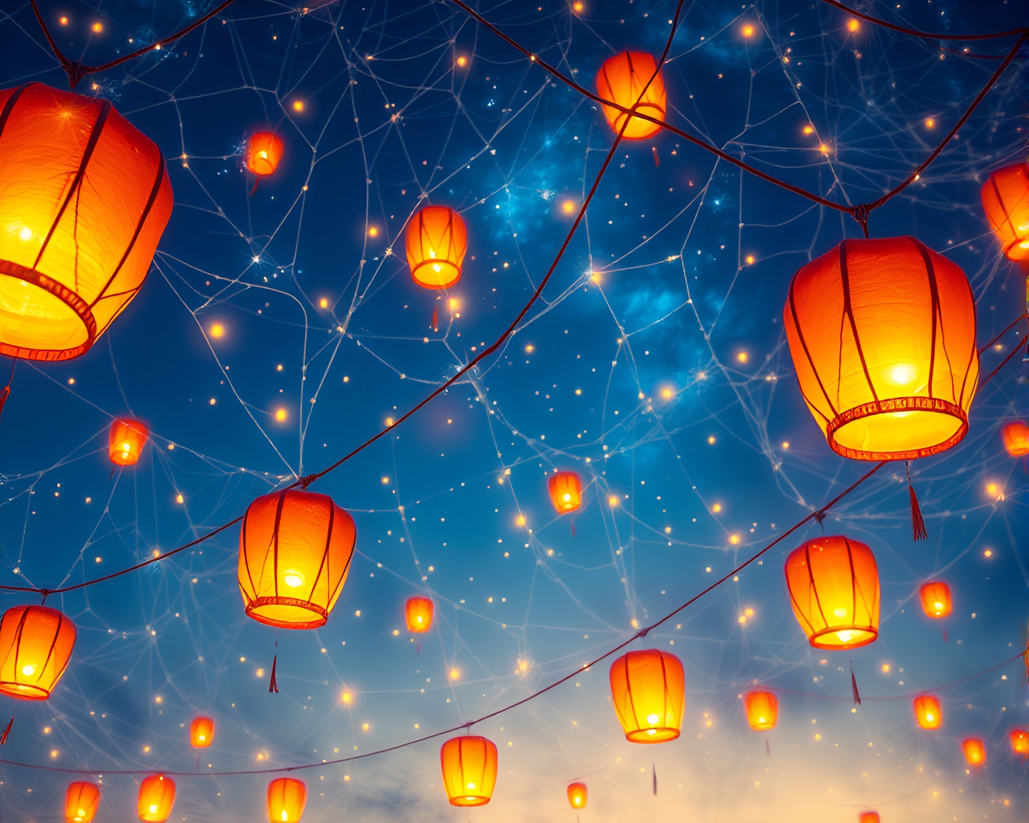 Enchanting Lanterns Illuminating Cobweb Strands in Starlit Sky – free AI stock image