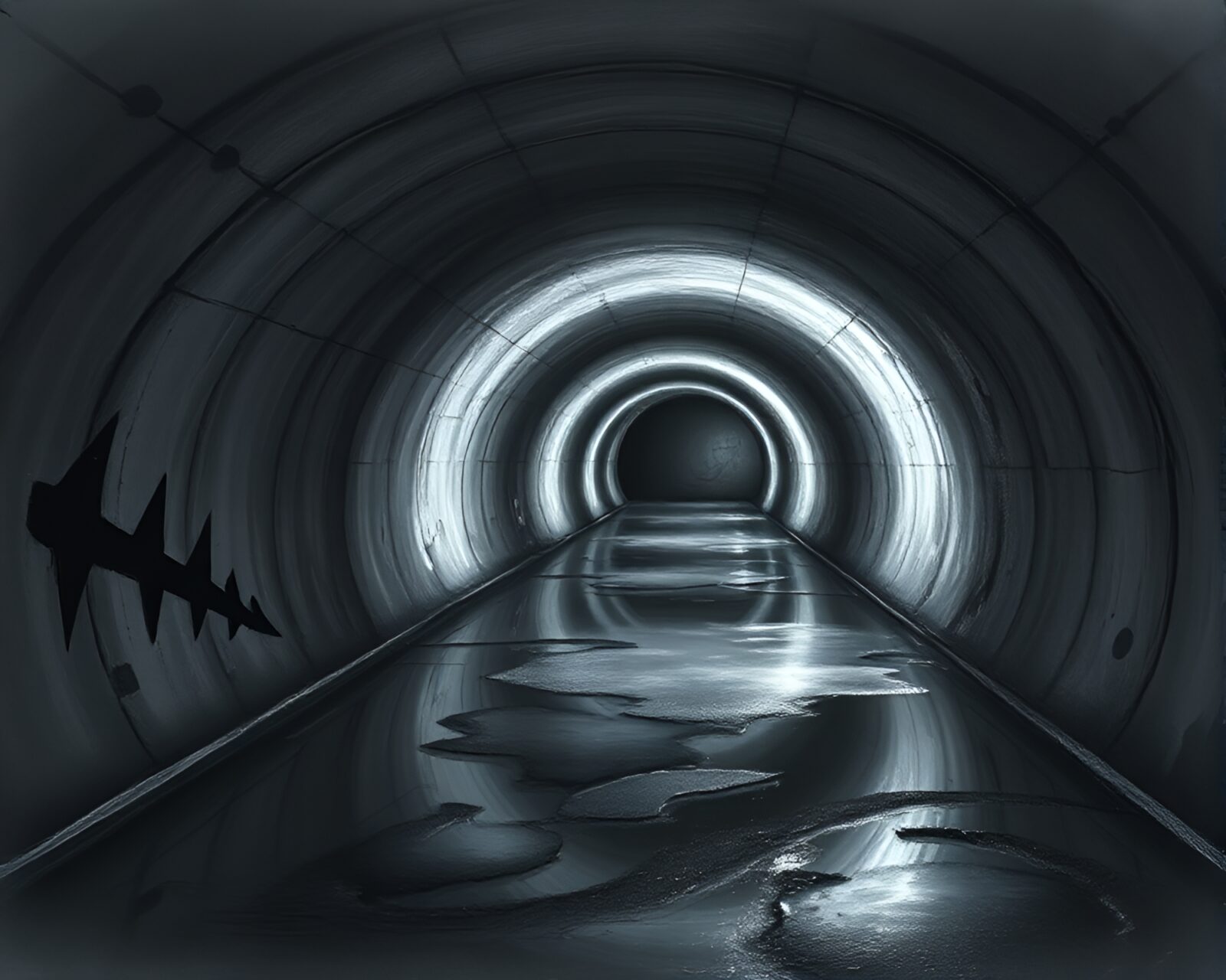 Desaturated chalk drawing of mirror shard reflections in bunker