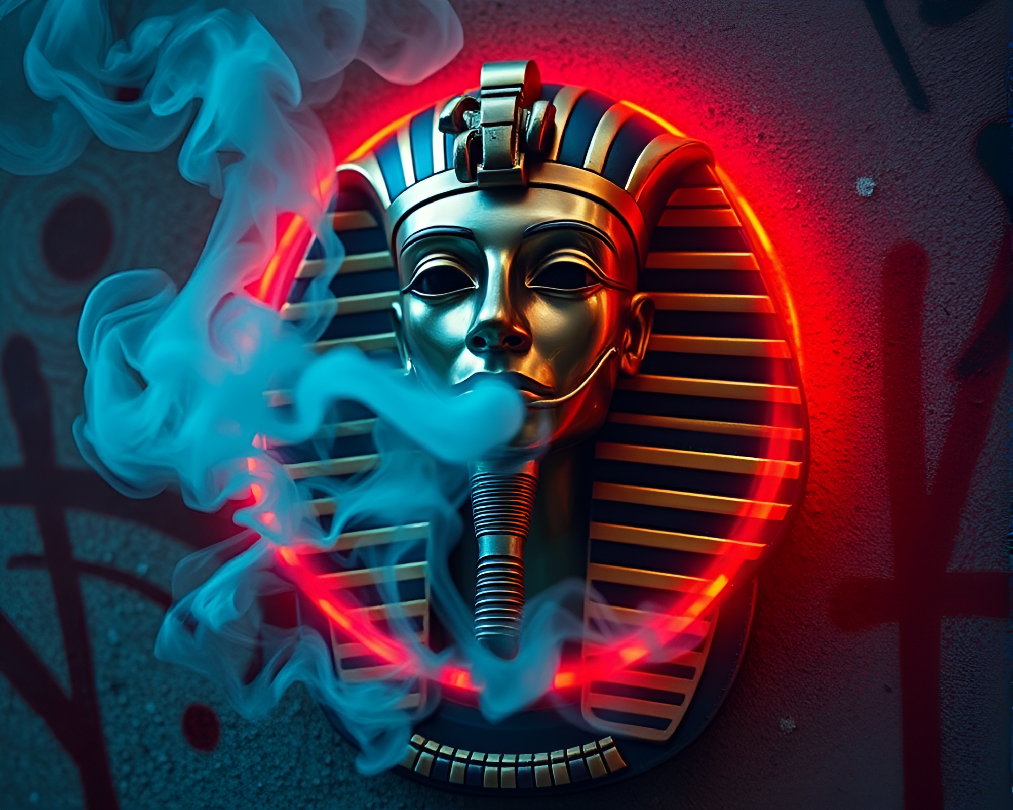 Egyptian Pharaoh’s Mask in Graffiti Smoke Rings – free AI stock image