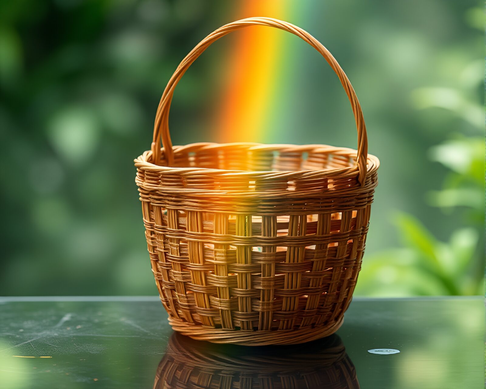 A mystical scene of rainbow light refracting through a dim sum basket in a lush green forest