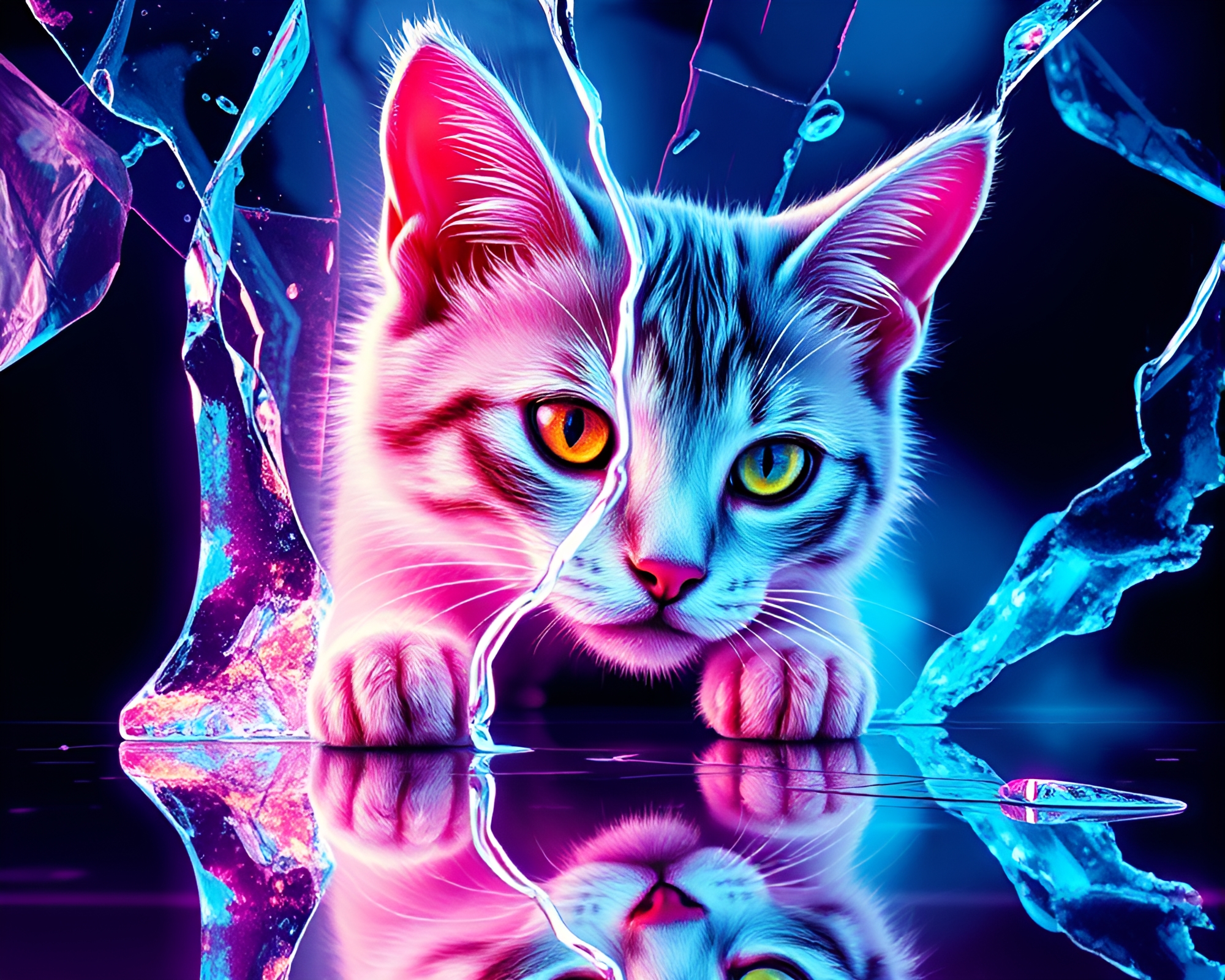 Schrodinger’s Neon Ice Reflection in 16-Bit – free AI stock image