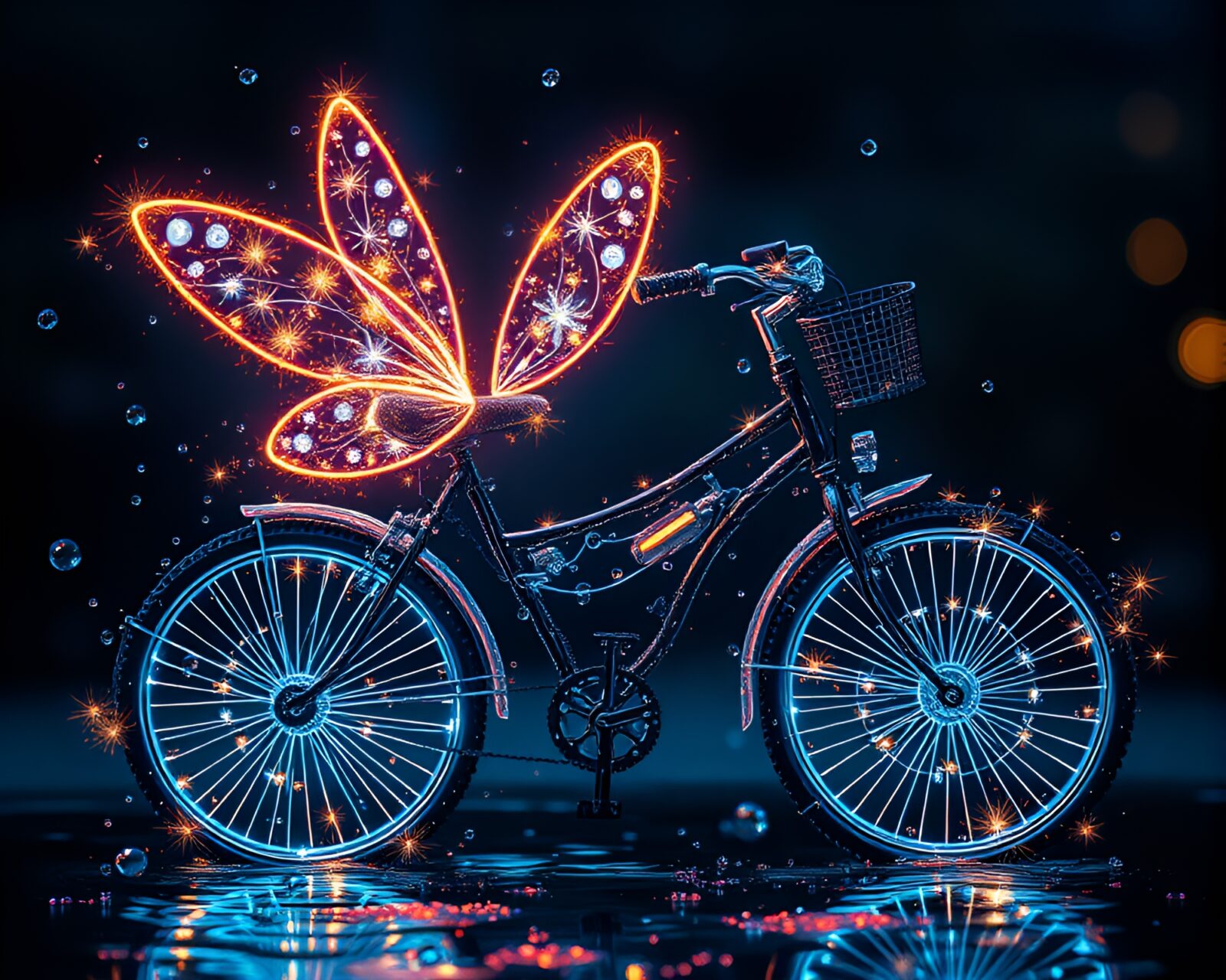 Fantastical scene of a tattoo-style bike amid sparkling water droplets