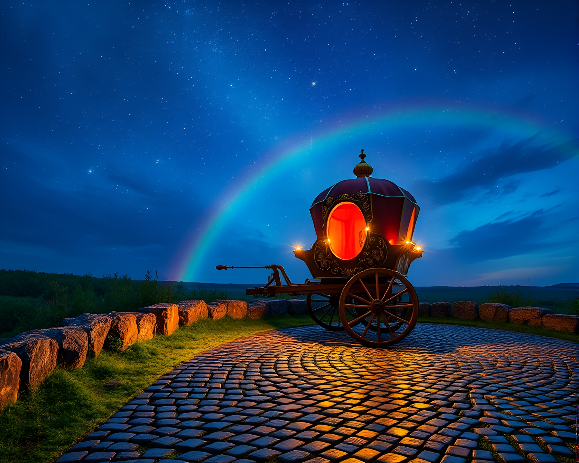 Chariot on cobblestone path under cosmic rainbow – free AI stock image