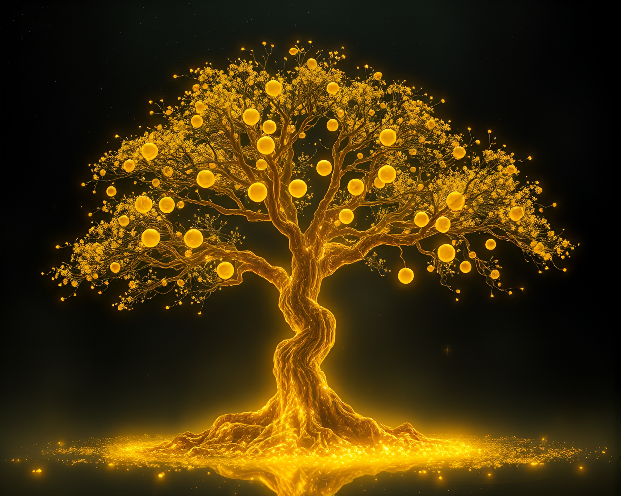 Ancient tree emitting lemon yellow embers in x-ray style – free AI stock image