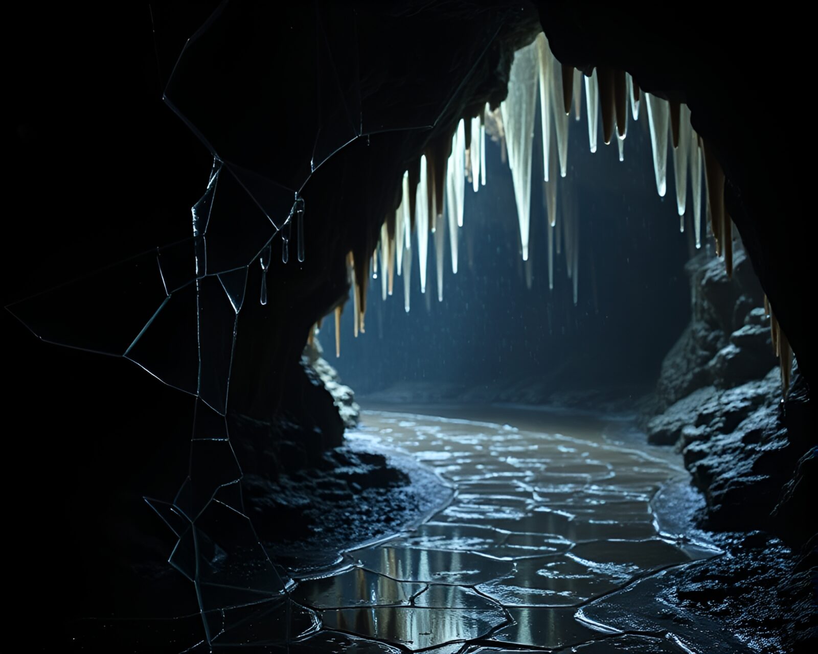 Rainy scene with broken glass reflections in mystical cave