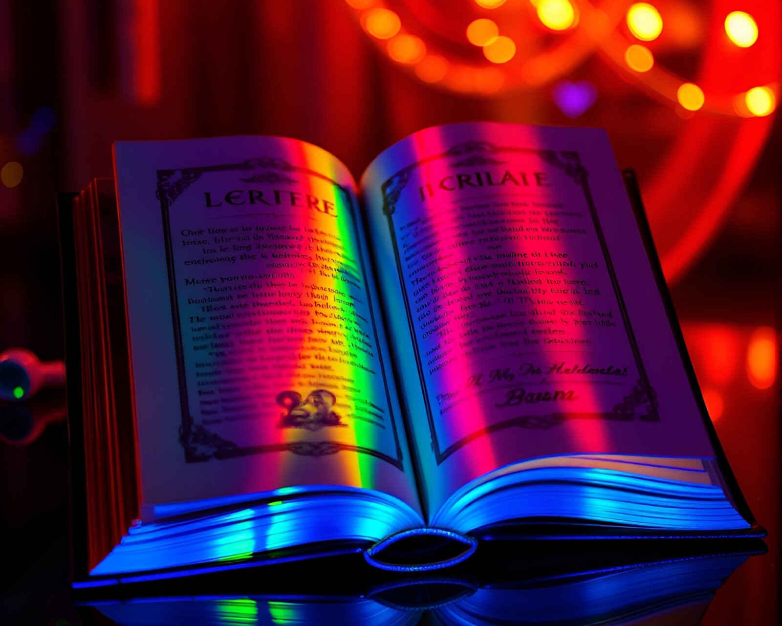 A mystical book casting rainbow hues under carnival lights
