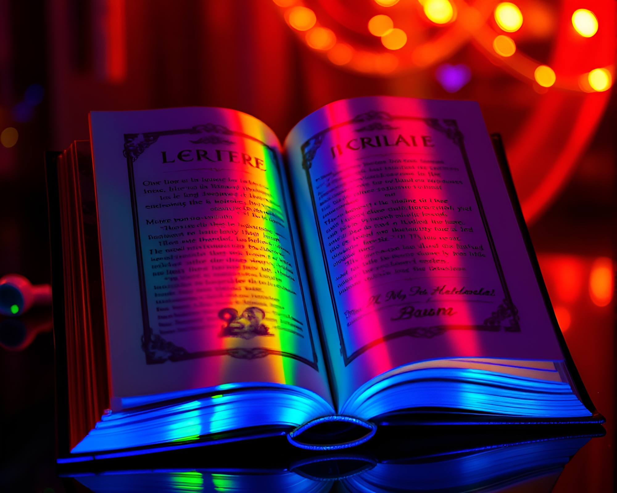 Enchanted Book Illuminated by Rainbow Carnival Hologram – free AI stock image