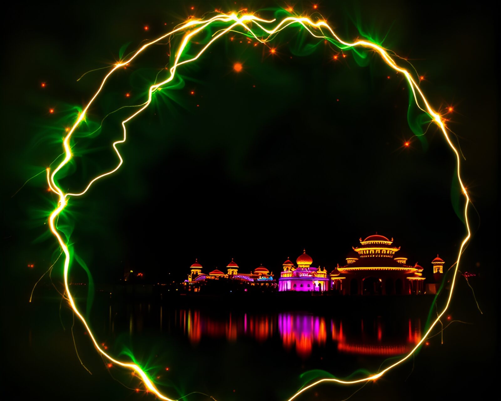 A mesmerizing oasis scene with vibrant fluorescent calligraphy art and zoom burst effect