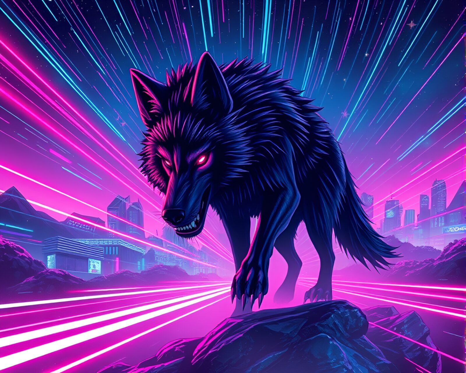 Ethereal neon werewolf under star trails in vaporwave city