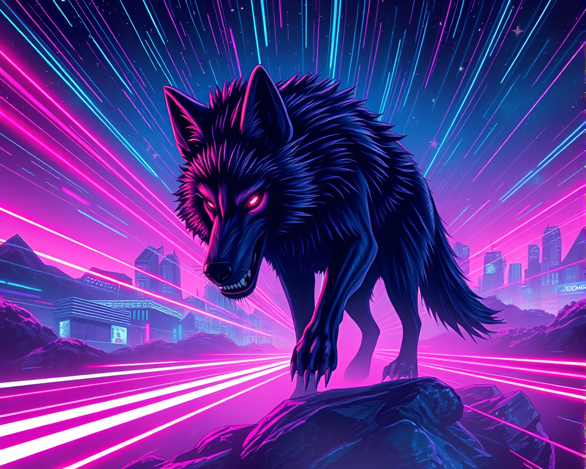 Neon Werewolf Star Trails in Vaporwave Cityscape – free AI stock image