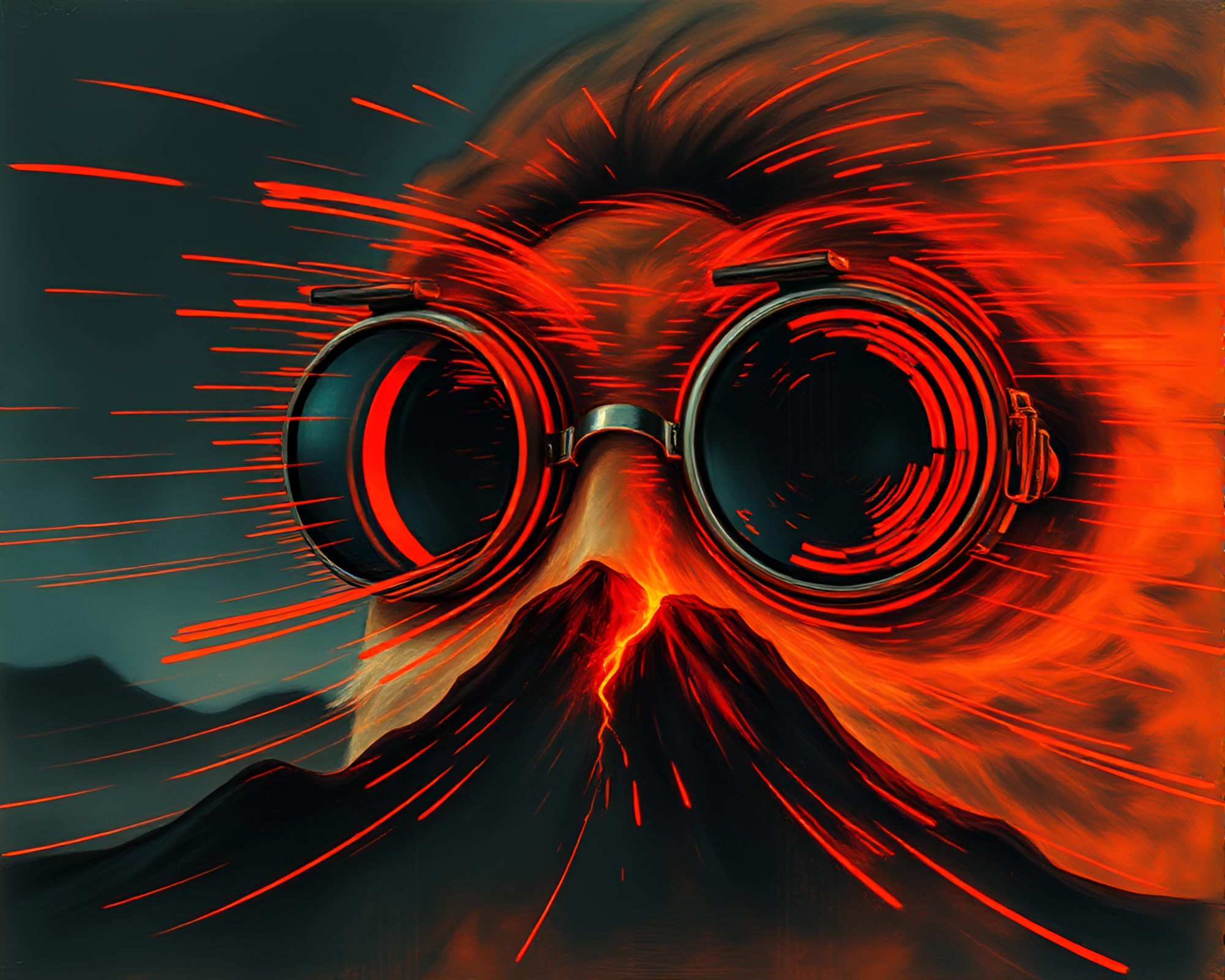 Steampunk Goggles Amid Volcano Glow Motion Streaks – free AI stock image
